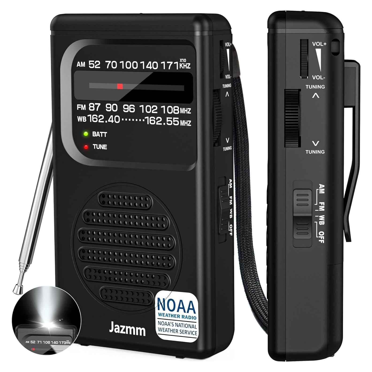 Pocket NOAA Weather Radio,Portable AM FM Battery Operated Radio with 3W Speaker,Transistor with Best Reception,Back Clip,Flashlight,Earphone Jack,Powered by 2 AA Battery for Emergency