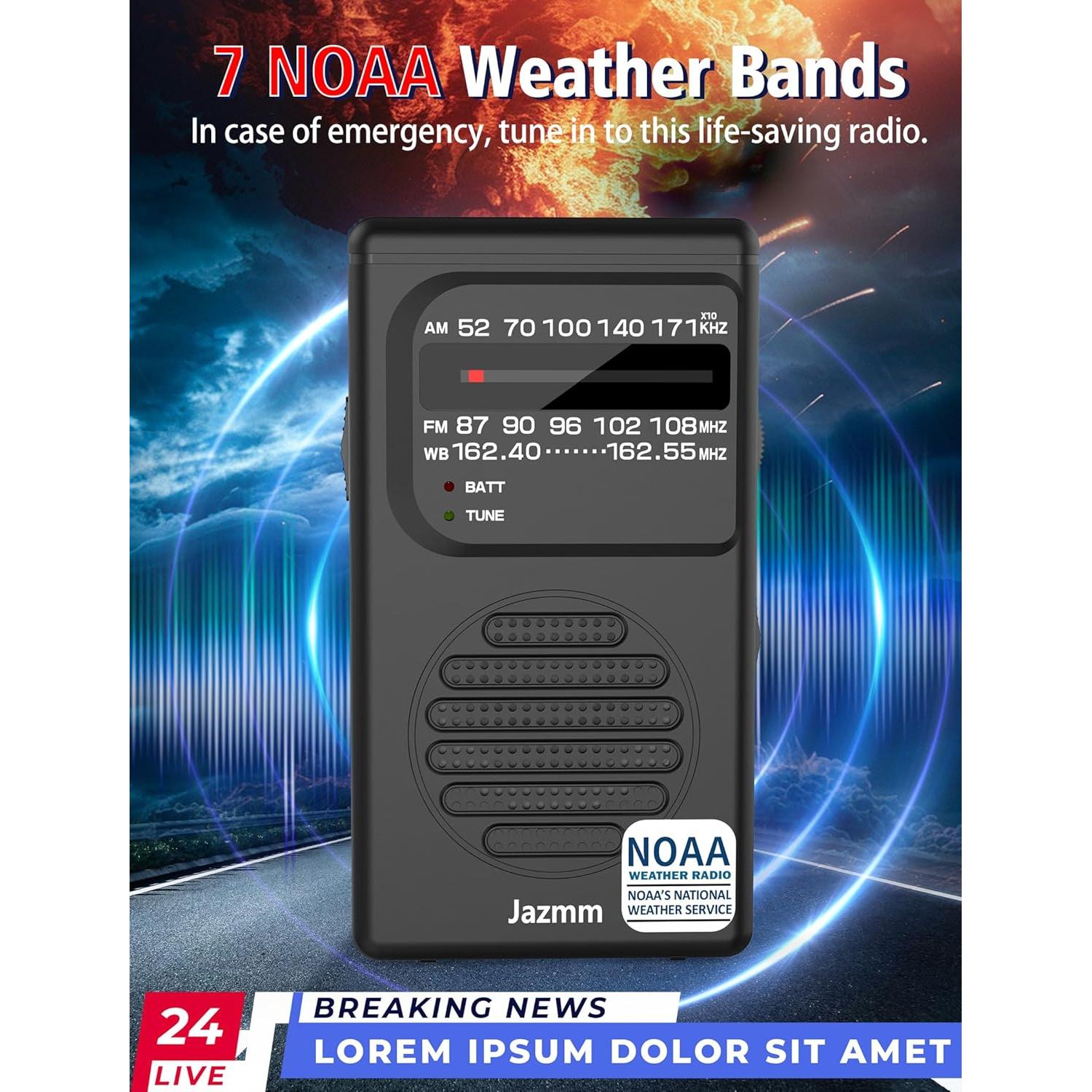 Pocket NOAA Weather Radio,Portable AM FM Battery Operated Radio with 3W Speaker,Transistor with Best Reception,Back Clip,Flashlight,Earphone Jack,Powered by 2 AA Battery for Emergency