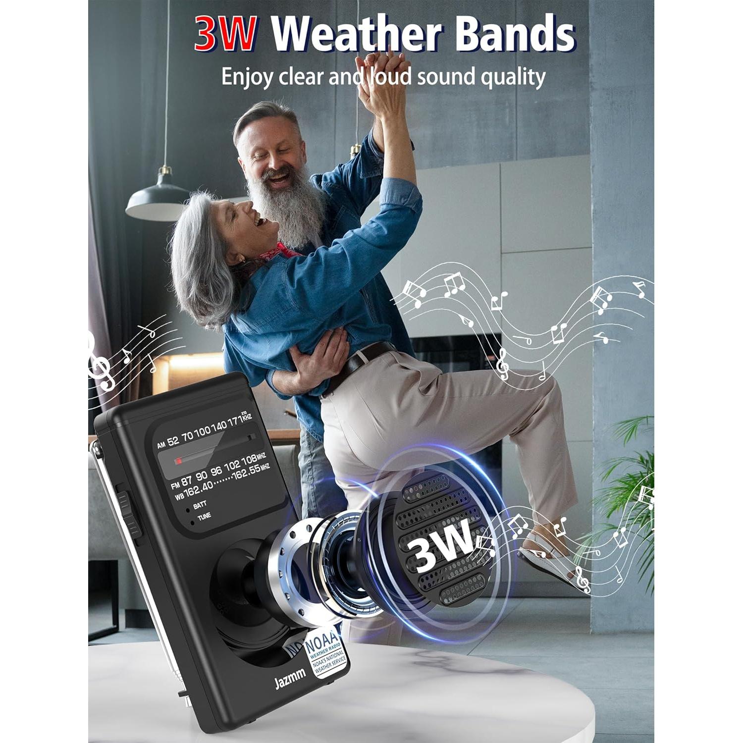 Pocket NOAA Weather Radio,Portable AM FM Battery Operated Radio with 3W Speaker,Transistor with Best Reception,Back Clip,Flashlight,Earphone Jack,Powered by 2 AA Battery for Emergency