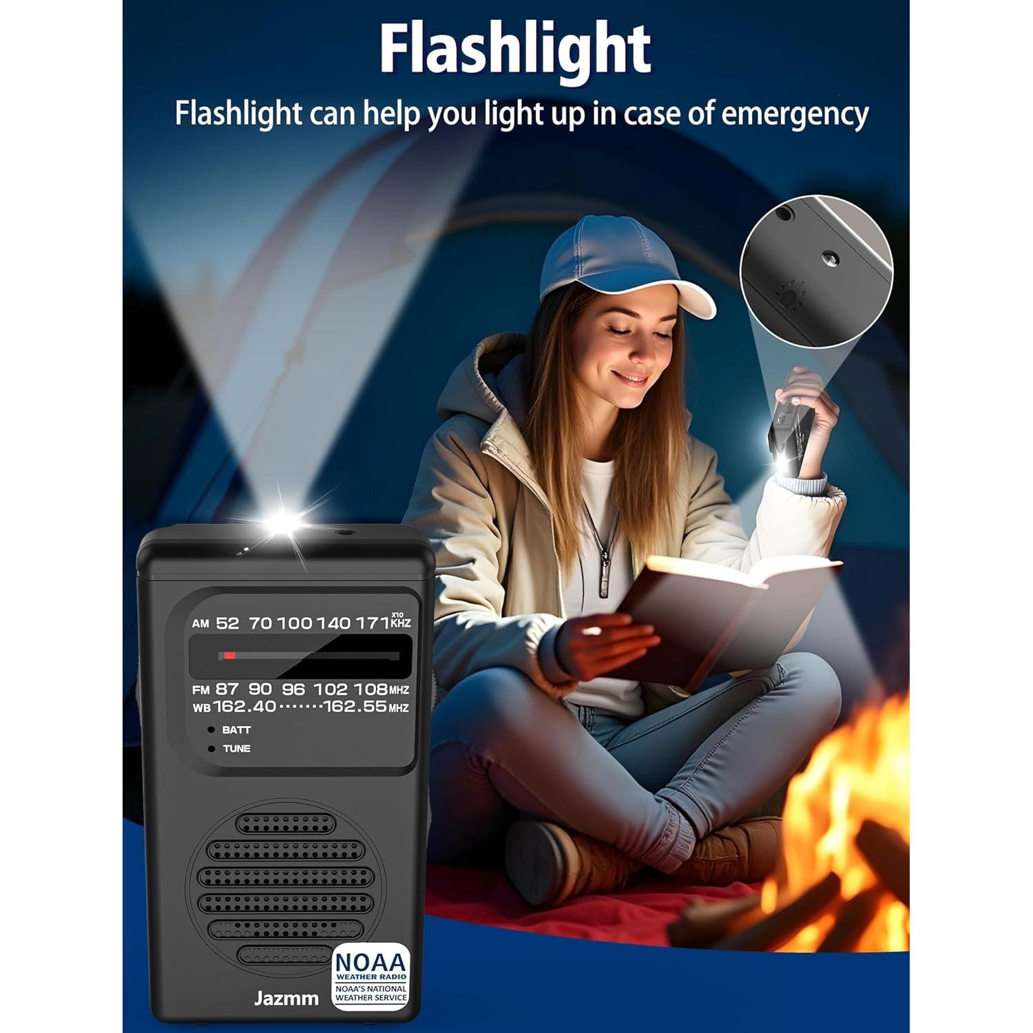 Pocket NOAA Weather Radio,Portable AM FM Battery Operated Radio with 3W Speaker,Transistor with Best Reception,Back Clip,Flashlight,Earphone Jack,Powered by 2 AA Battery for Emergency