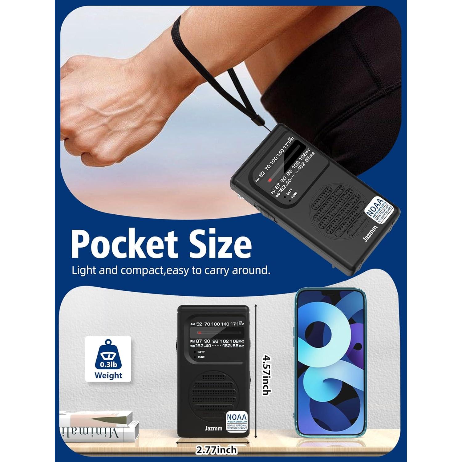 Pocket NOAA Weather Radio,Portable AM FM Battery Operated Radio with 3W Speaker,Transistor with Best Reception,Back Clip,Flashlight,Earphone Jack,Powered by 2 AA Battery for Emergency