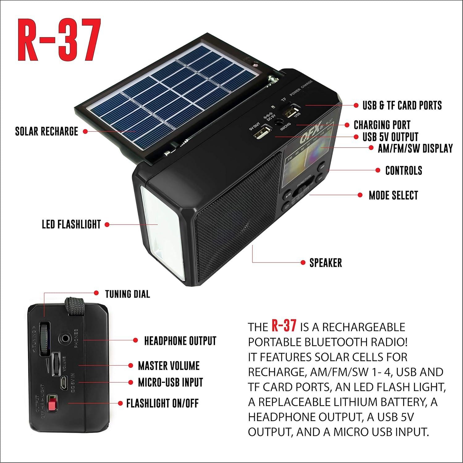 Radio Solar QFX R-37 6-Bandas AM/FM/SW con Linterna LED