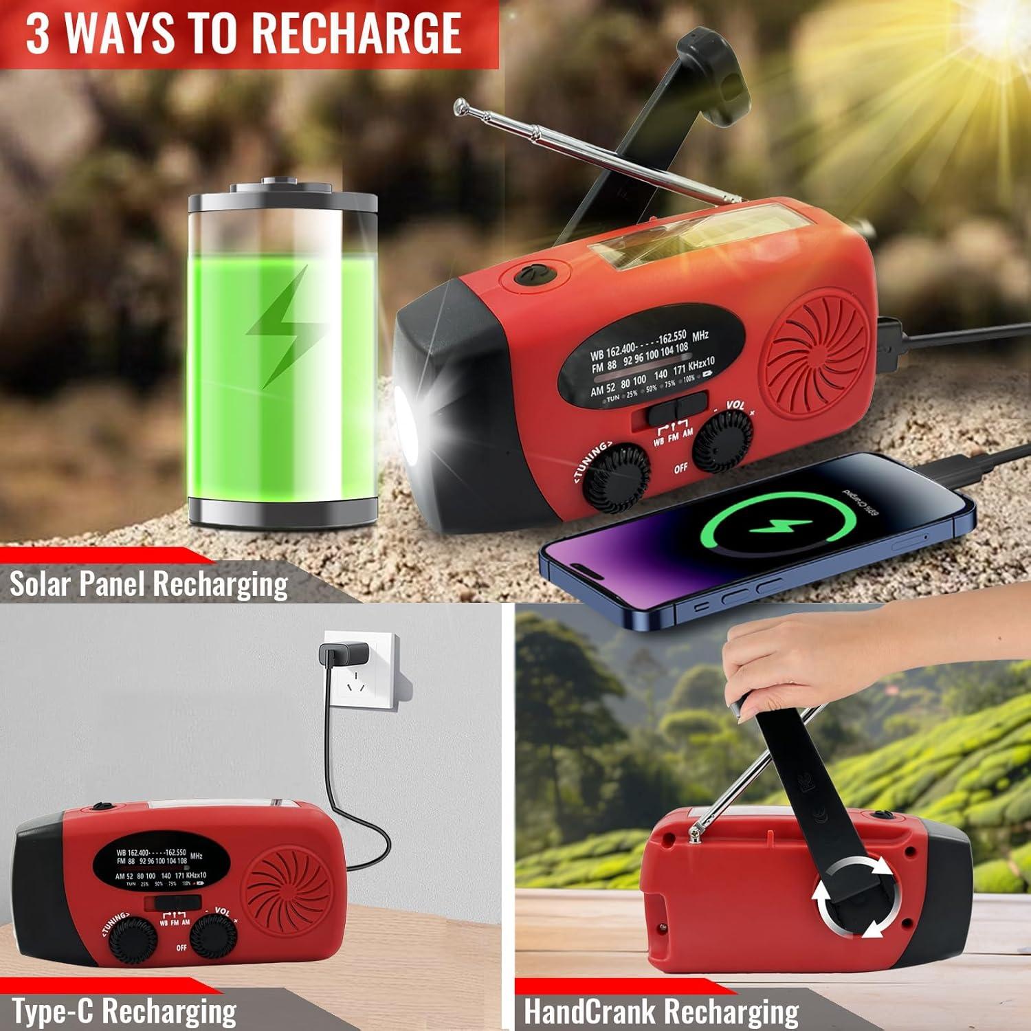 2000mAh Weather Emergency Radio, Portable Solar AM/FM/NOAA Hand Crank Radio, Cell Phone Charger with SOS, 1W LED Flashlight, Headphone Jack, Cell Phone Charger for Emergency