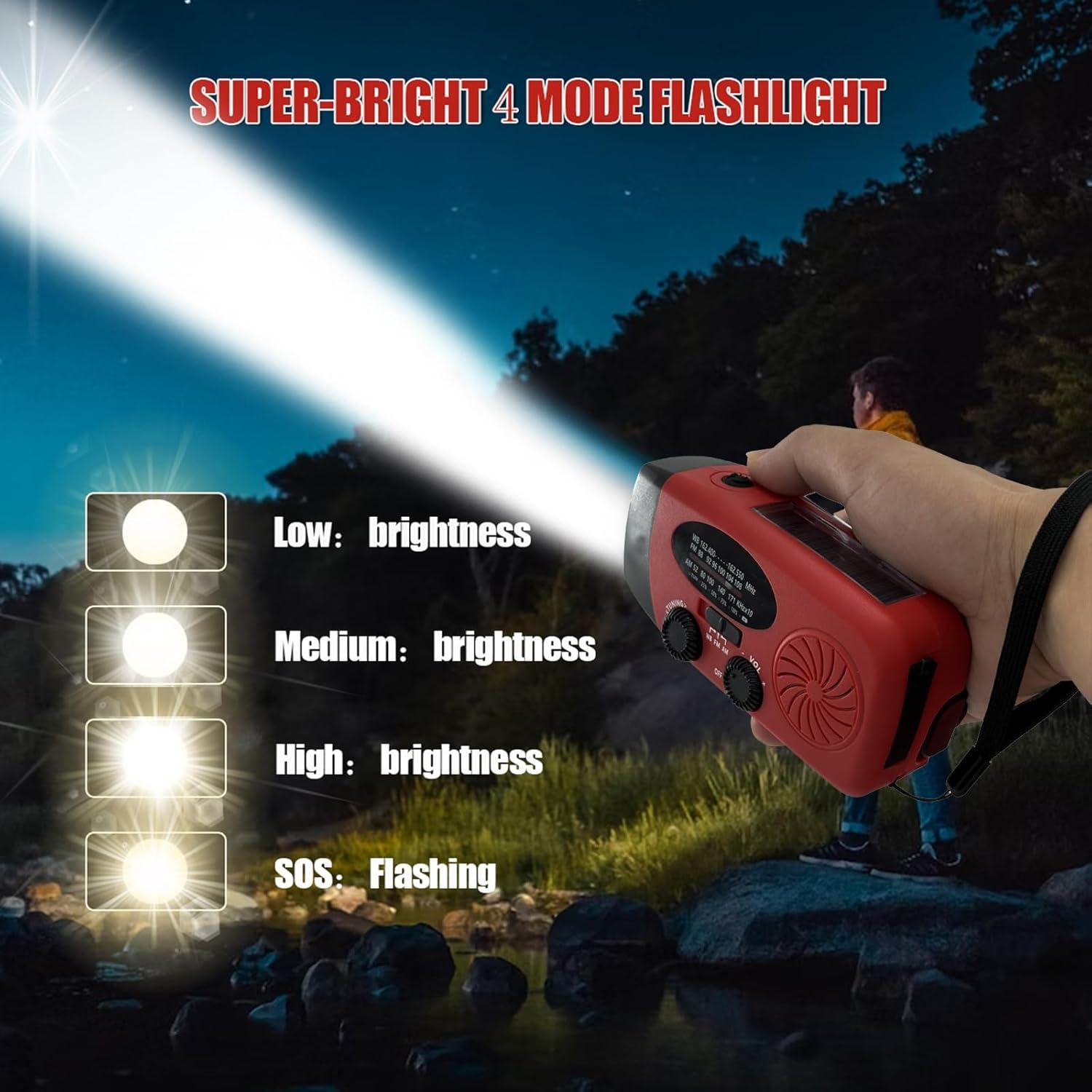 2000mAh Weather Emergency Radio, Portable Solar AM/FM/NOAA Hand Crank Radio, Cell Phone Charger with SOS, 1W LED Flashlight, Headphone Jack, Cell Phone Charger for Emergency