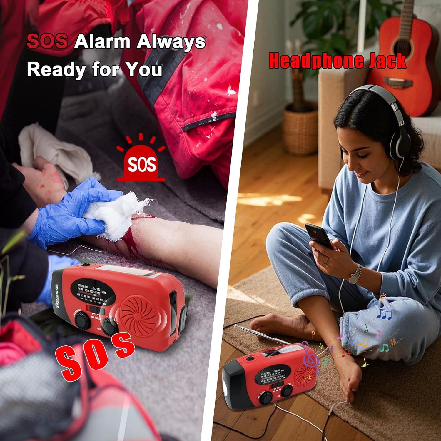 2000mAh Weather Emergency Radio, Portable Solar AM/FM/NOAA Hand Crank Radio, Cell Phone Charger with SOS, 1W LED Flashlight, Headphone Jack, Cell Phone Charger for Emergency