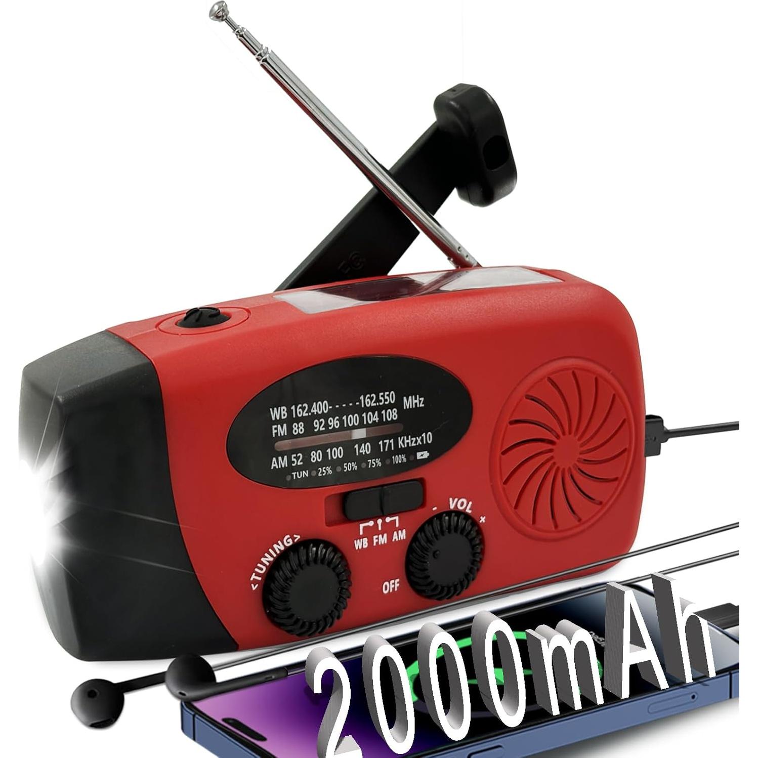 2000mAh Weather Emergency Radio, Portable Solar AM/FM/NOAA Hand Crank Radio, Cell Phone Charger with SOS, 1W LED Flashlight, Headphone Jack, Cell Phone Charger for Emergency
