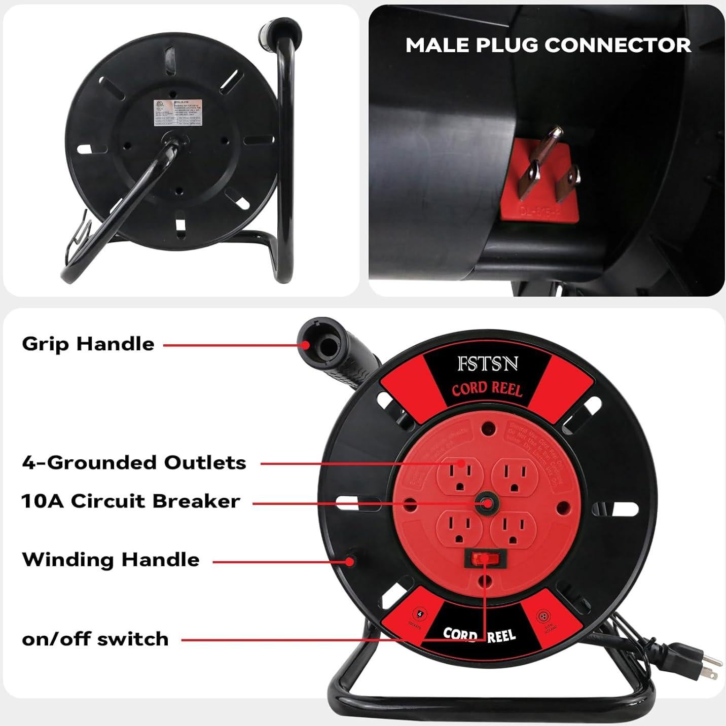 Carrete de Almacenamiento de Cable FSTSN 30.99x13cm Rojo 4 Salidas