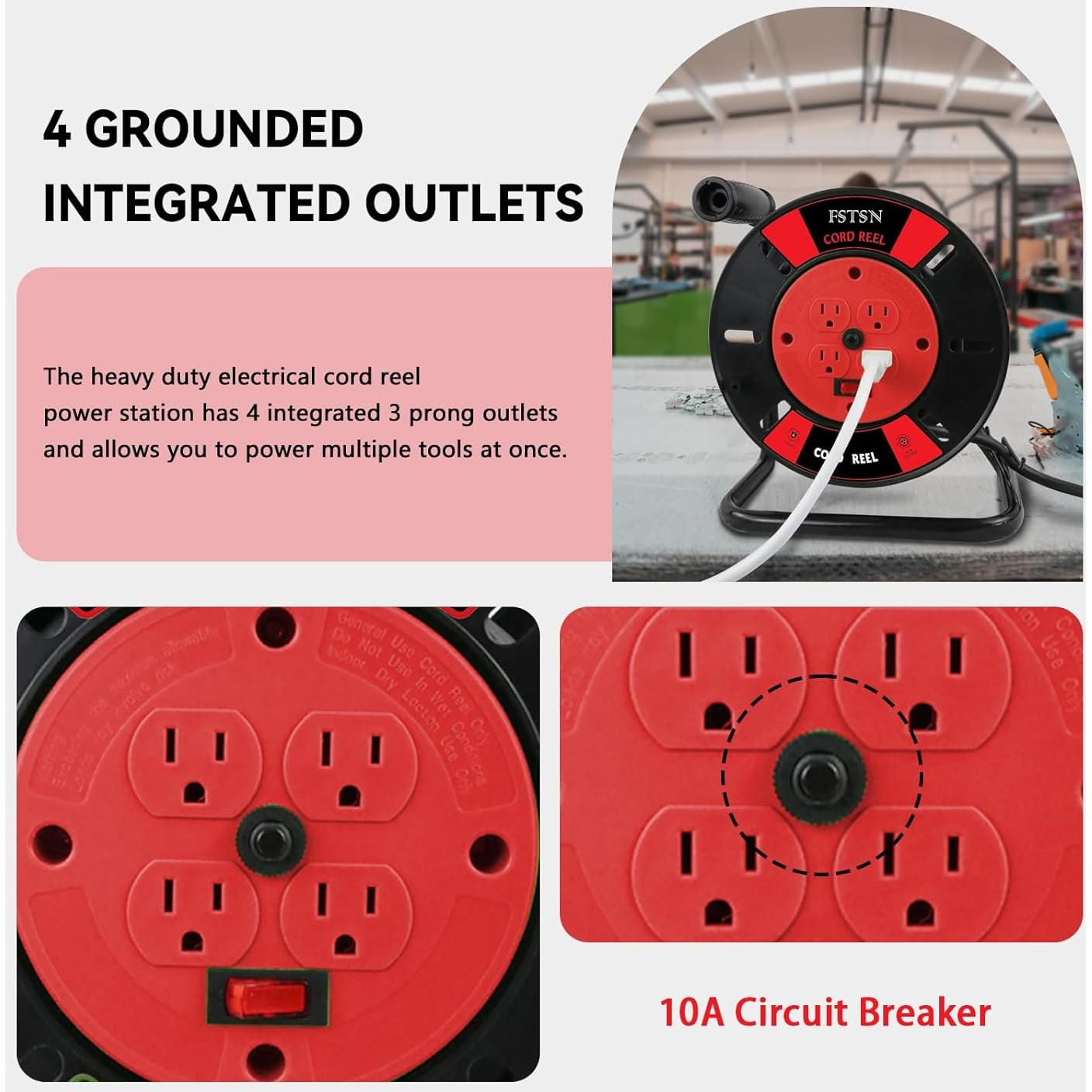 Carrete de Almacenamiento de Cable FSTSN 30.99x13cm Rojo 4 Salidas