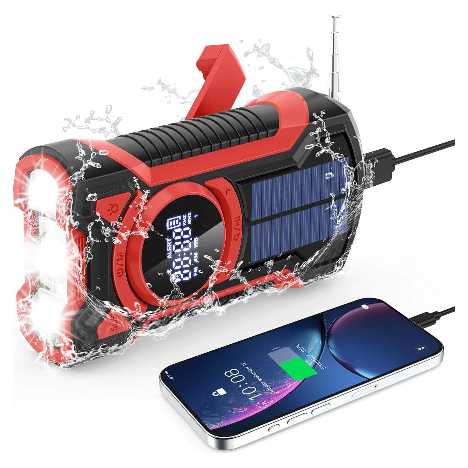 Emergency Radio Hand Crank Solar 5000mAh, IP65 Waterproof Dustproof Bluetooth 5.3 Portable AM/FM/NOAA Weather Alert Radio with Flashlight, Phone Charger, SOS, Headphone Jack- (Red)