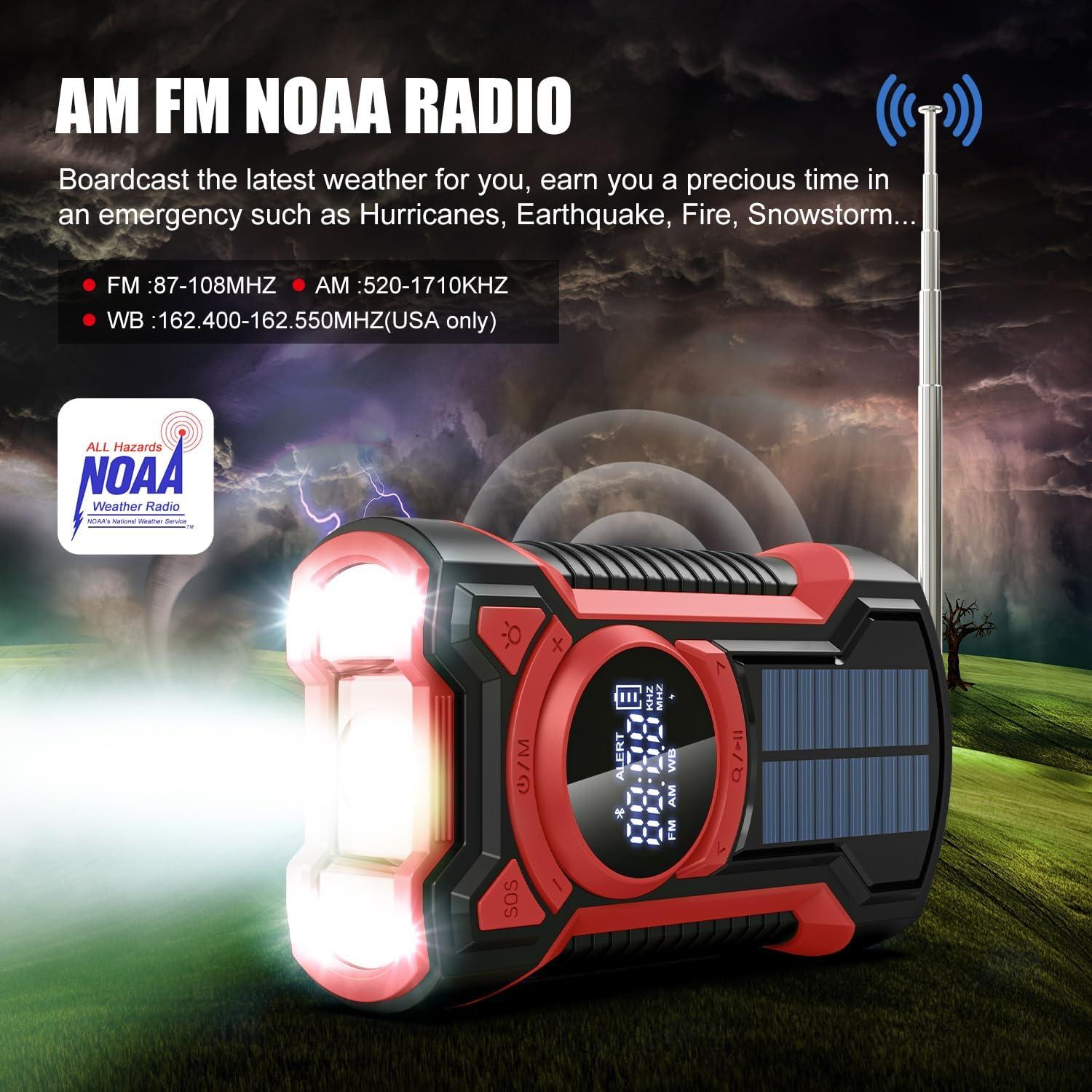 Emergency Radio Hand Crank Solar 5000mAh, IP65 Waterproof Dustproof Bluetooth 5.3 Portable AM/FM/NOAA Weather Alert Radio with Flashlight, Phone Charger, SOS, Headphone Jack- (Red)