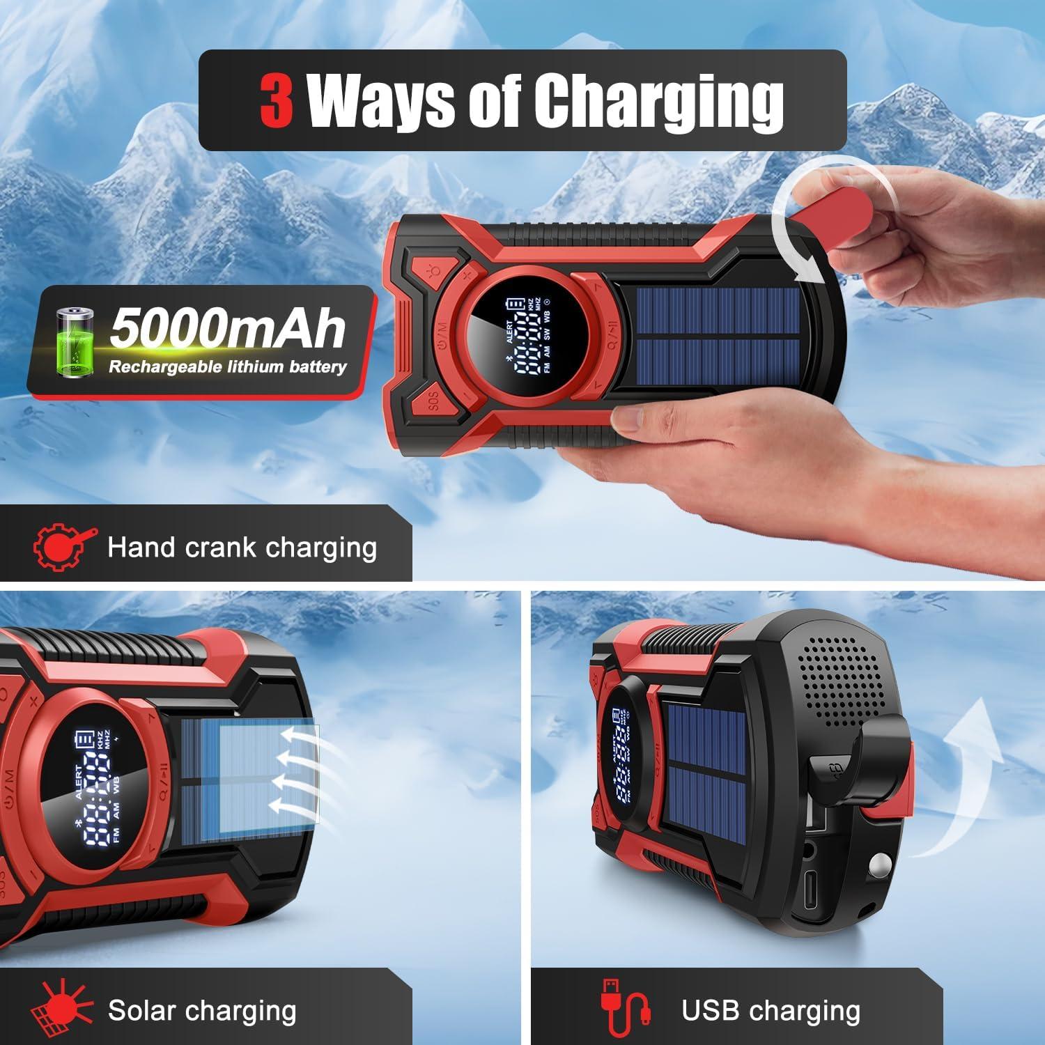Emergency Radio Hand Crank Solar 5000mAh, IP65 Waterproof Dustproof Bluetooth 5.3 Portable AM/FM/NOAA Weather Alert Radio with Flashlight, Phone Charger, SOS, Headphone Jack- (Red)