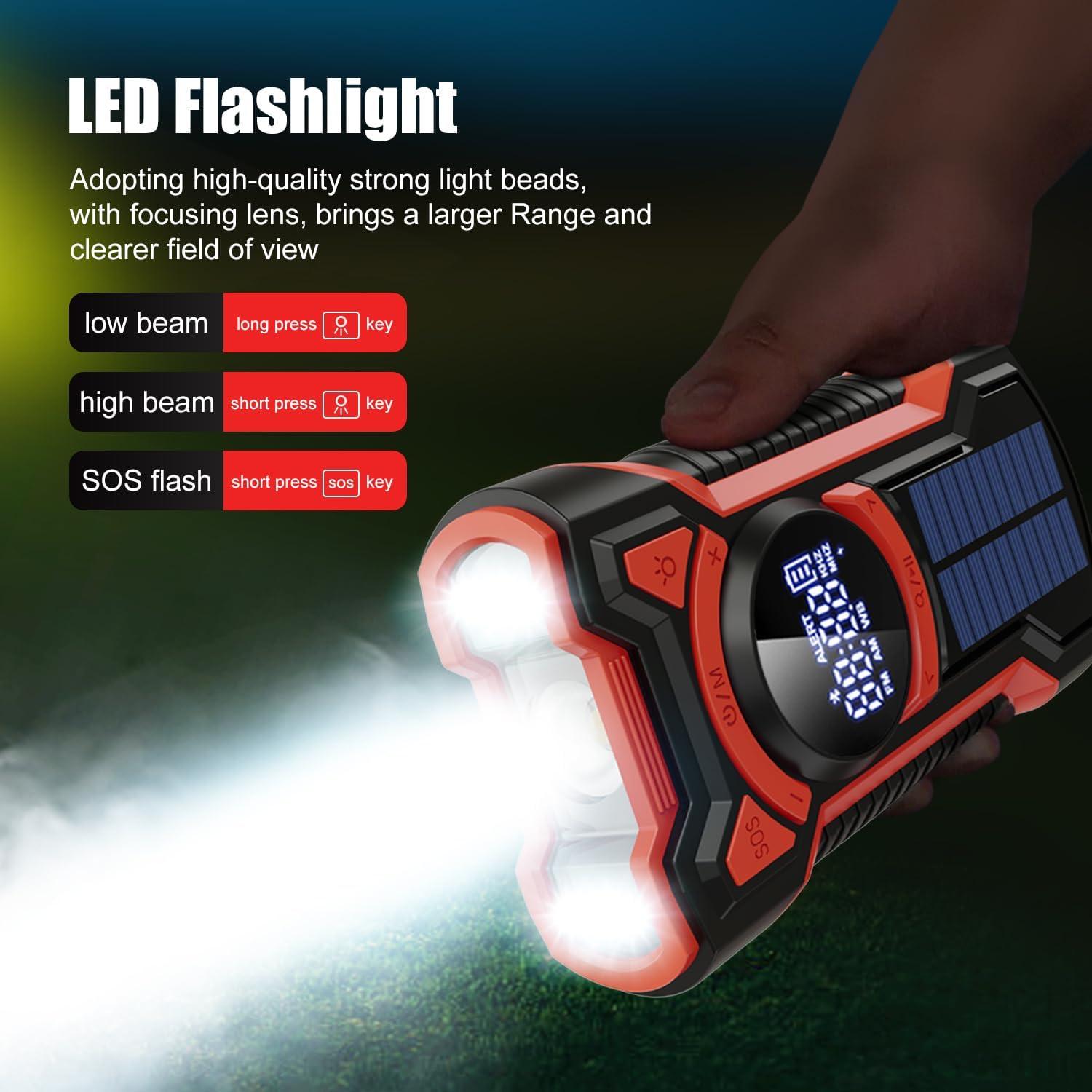 Emergency Radio Hand Crank Solar 5000mAh, IP65 Waterproof Dustproof Bluetooth 5.3 Portable AM/FM/NOAA Weather Alert Radio with Flashlight, Phone Charger, SOS, Headphone Jack- (Red)