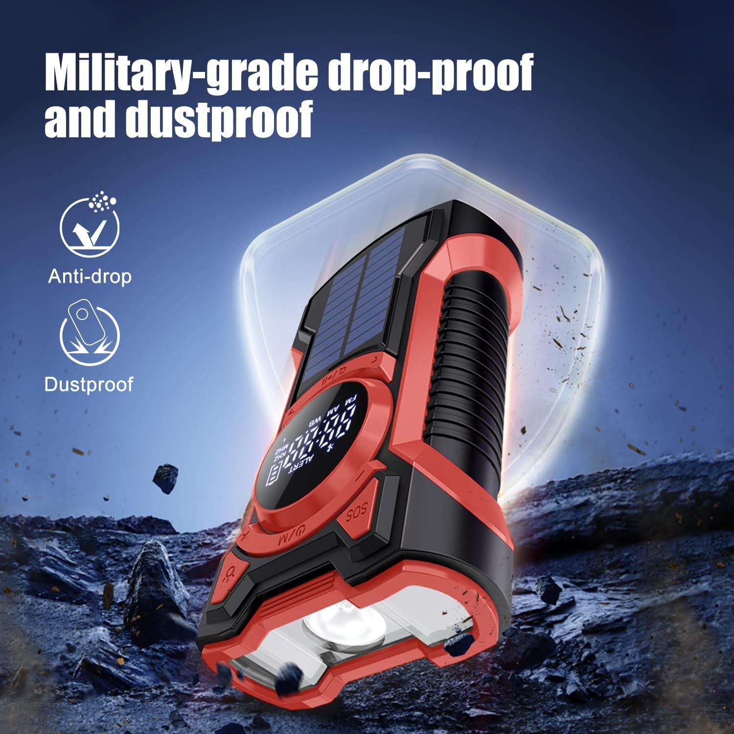 Emergency Radio Hand Crank Solar 5000mAh, IP65 Waterproof Dustproof Bluetooth 5.3 Portable AM/FM/NOAA Weather Alert Radio with Flashlight, Phone Charger, SOS, Headphone Jack- (Red)