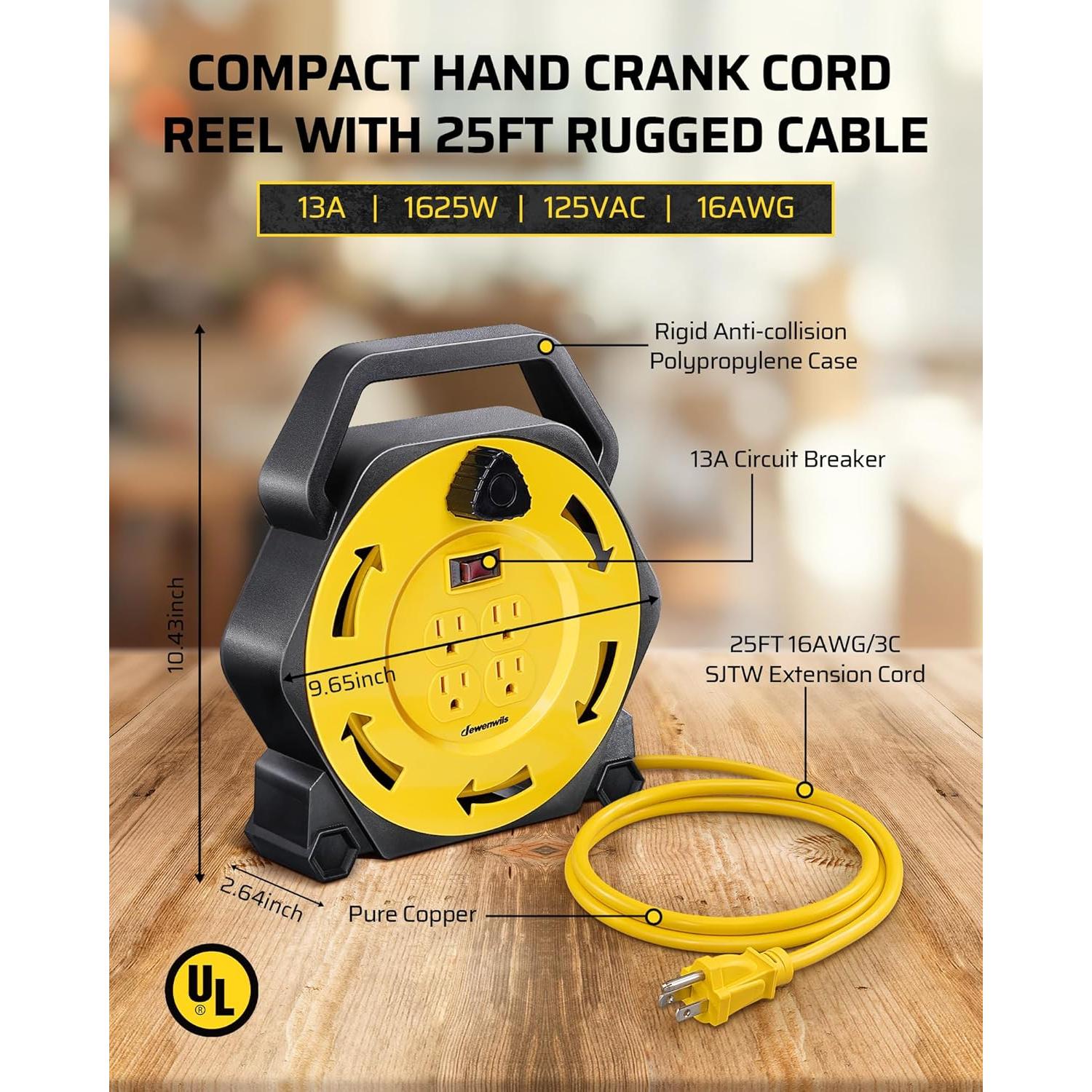 Carrete de Cable de Extensión DEWENWILS 7.62m 4 Salidas 13A