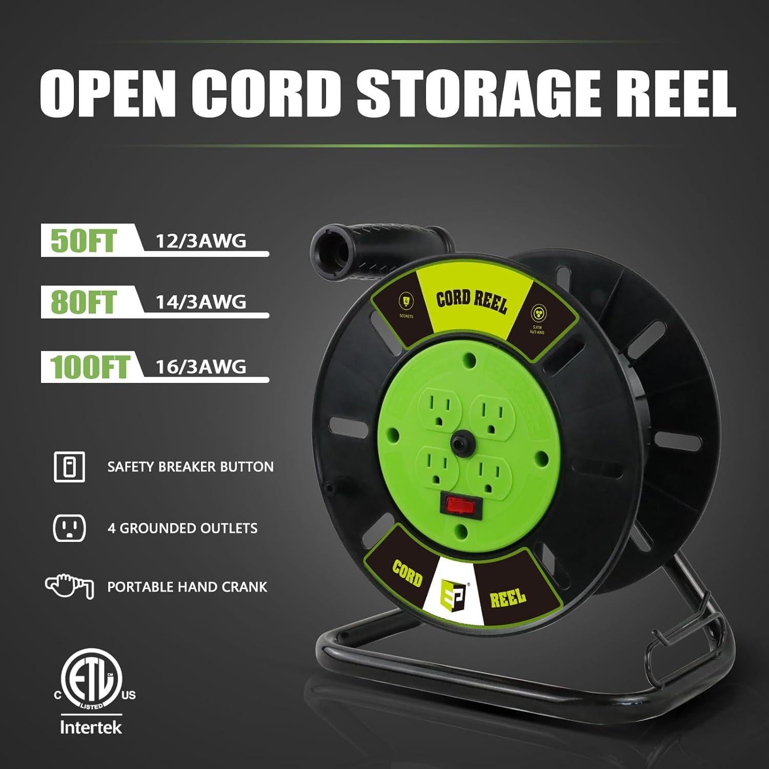 EP Extension Cord Storage Reel with 4-Grounded Outlets, Heavy Duty Open Cord Reel for 12/3 14/3 16/3 Power Cords, Portable Empty Hand Crank Electric Cord Roller Holder, Green