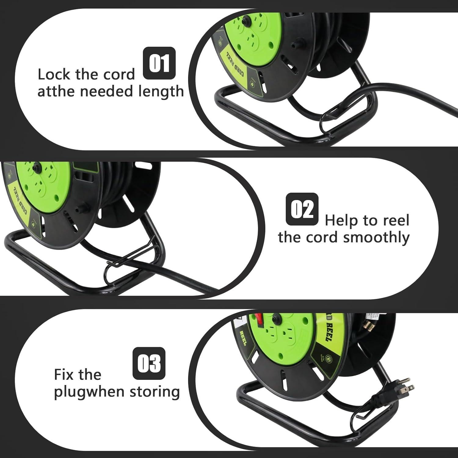 EP Extension Cord Storage Reel with 4-Grounded Outlets, Heavy Duty Open Cord Reel for 12/3 14/3 16/3 Power Cords, Portable Empty Hand Crank Electric Cord Roller Holder, Green