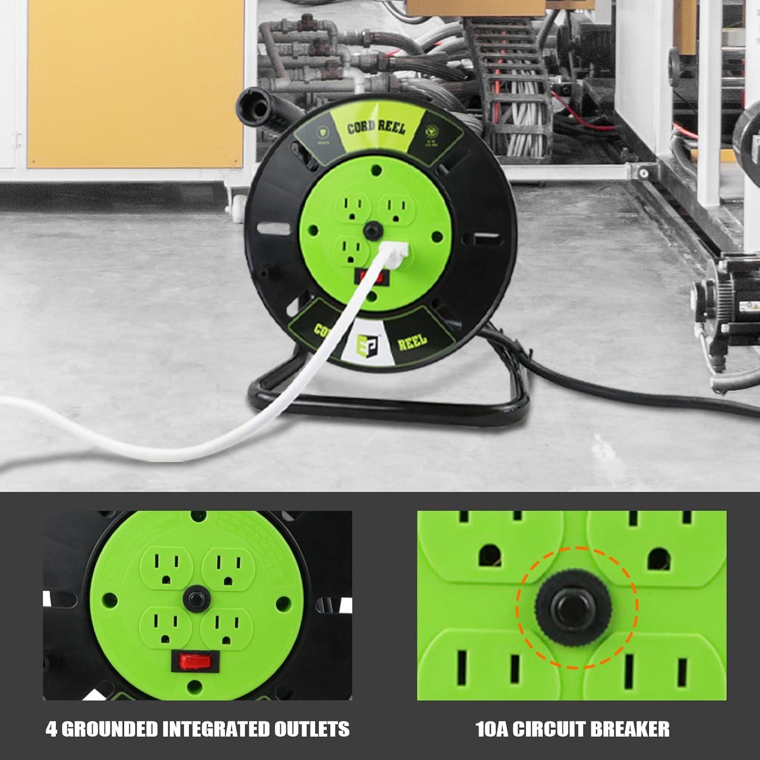 EP Extension Cord Storage Reel with 4-Grounded Outlets, Heavy Duty Open Cord Reel for 12/3 14/3 16/3 Power Cords, Portable Empty Hand Crank Electric Cord Roller Holder, Green
