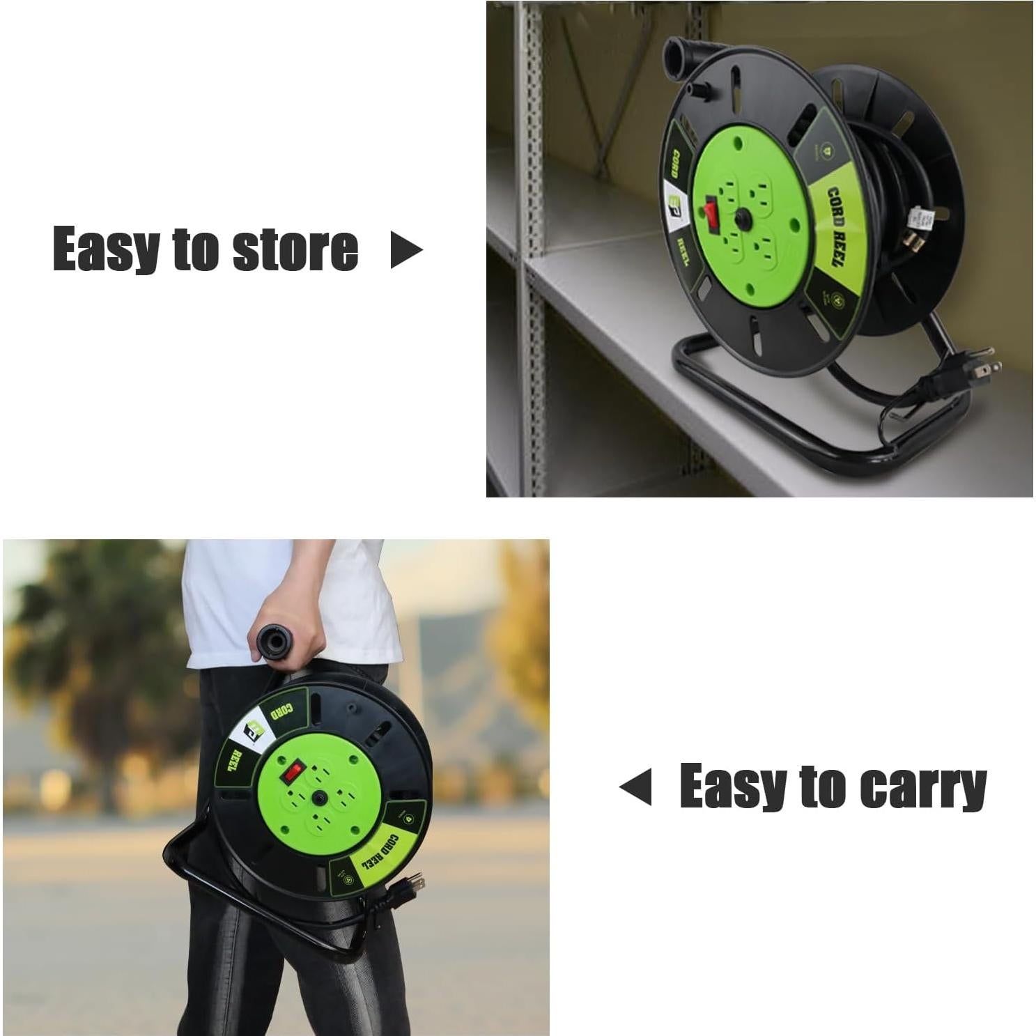 EP Extension Cord Storage Reel with 4-Grounded Outlets, Heavy Duty Open Cord Reel for 12/3 14/3 16/3 Power Cords, Portable Empty Hand Crank Electric Cord Roller Holder, Green