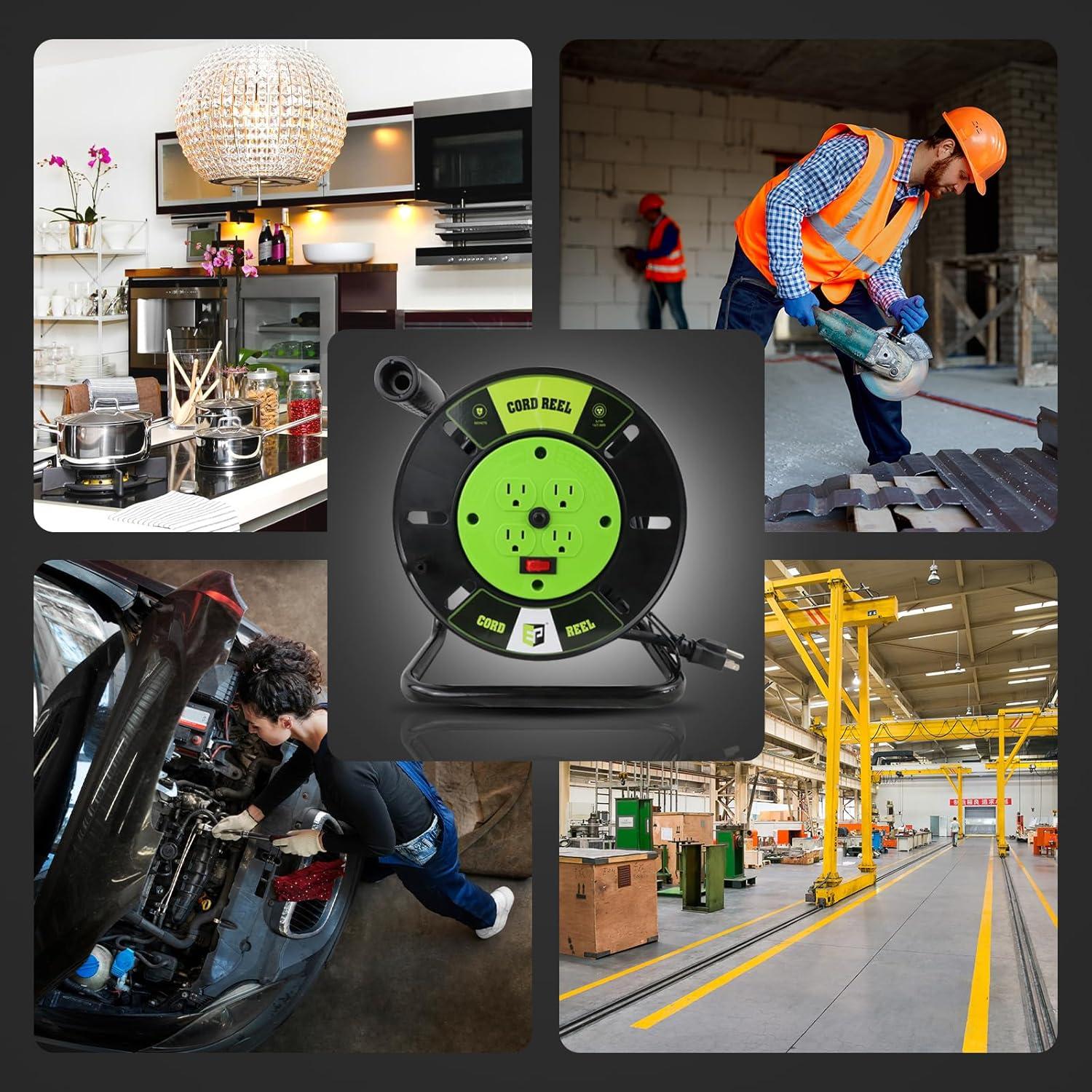 EP Extension Cord Storage Reel with 4-Grounded Outlets, Heavy Duty Open Cord Reel for 12/3 14/3 16/3 Power Cords, Portable Empty Hand Crank Electric Cord Roller Holder, Green