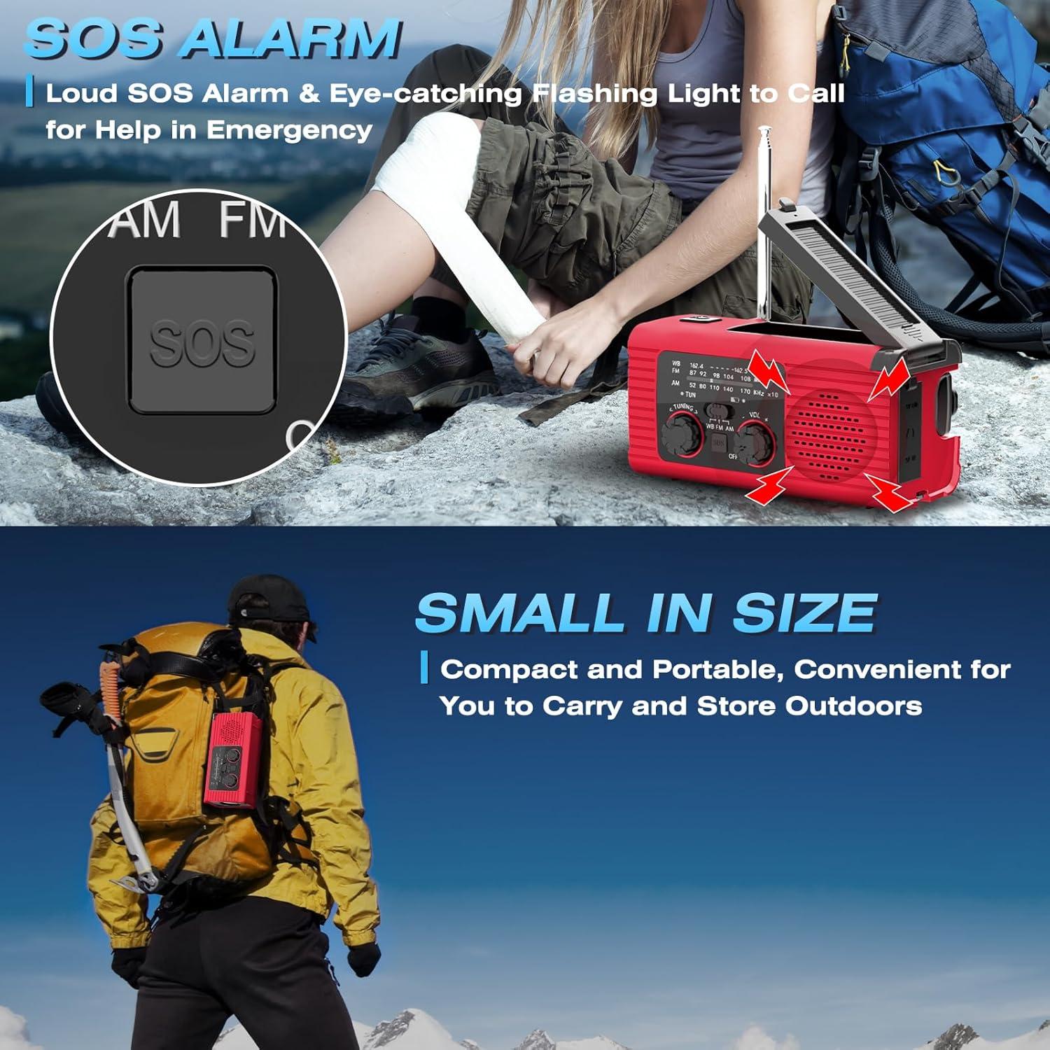NOAA Emergency Weather Radio, 4000mAh Weather Alert Radio Solar Charging, Hand Crank & USB Charged, AM/FM with LED Flashlight, Reading Lamp, SOS Alarm, Headphone Jack for Outdoor Indoor