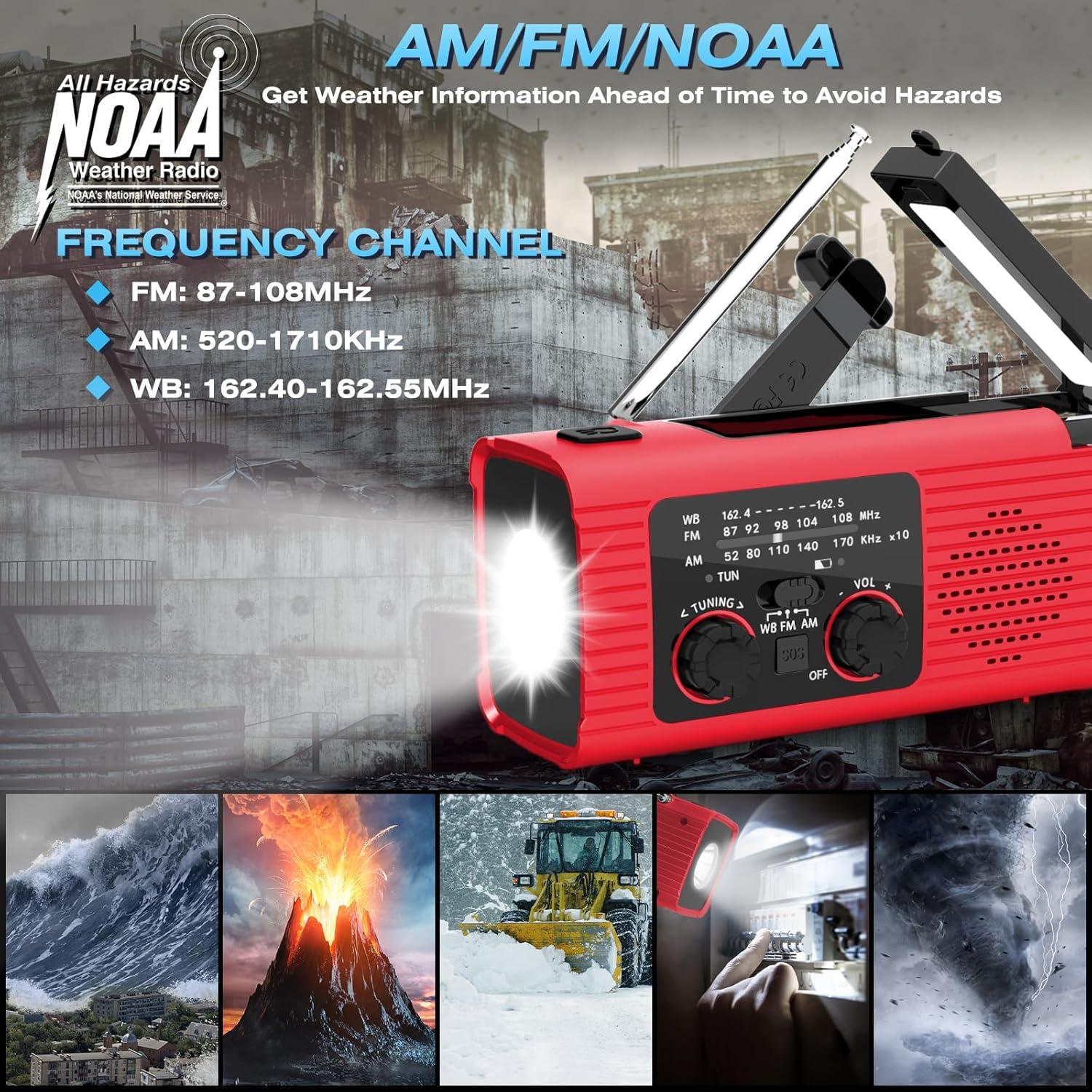 NOAA Emergency Weather Radio, 4000mAh Weather Alert Radio Solar Charging, Hand Crank & USB Charged, AM/FM with LED Flashlight, Reading Lamp, SOS Alarm, Headphone Jack for Outdoor Indoor