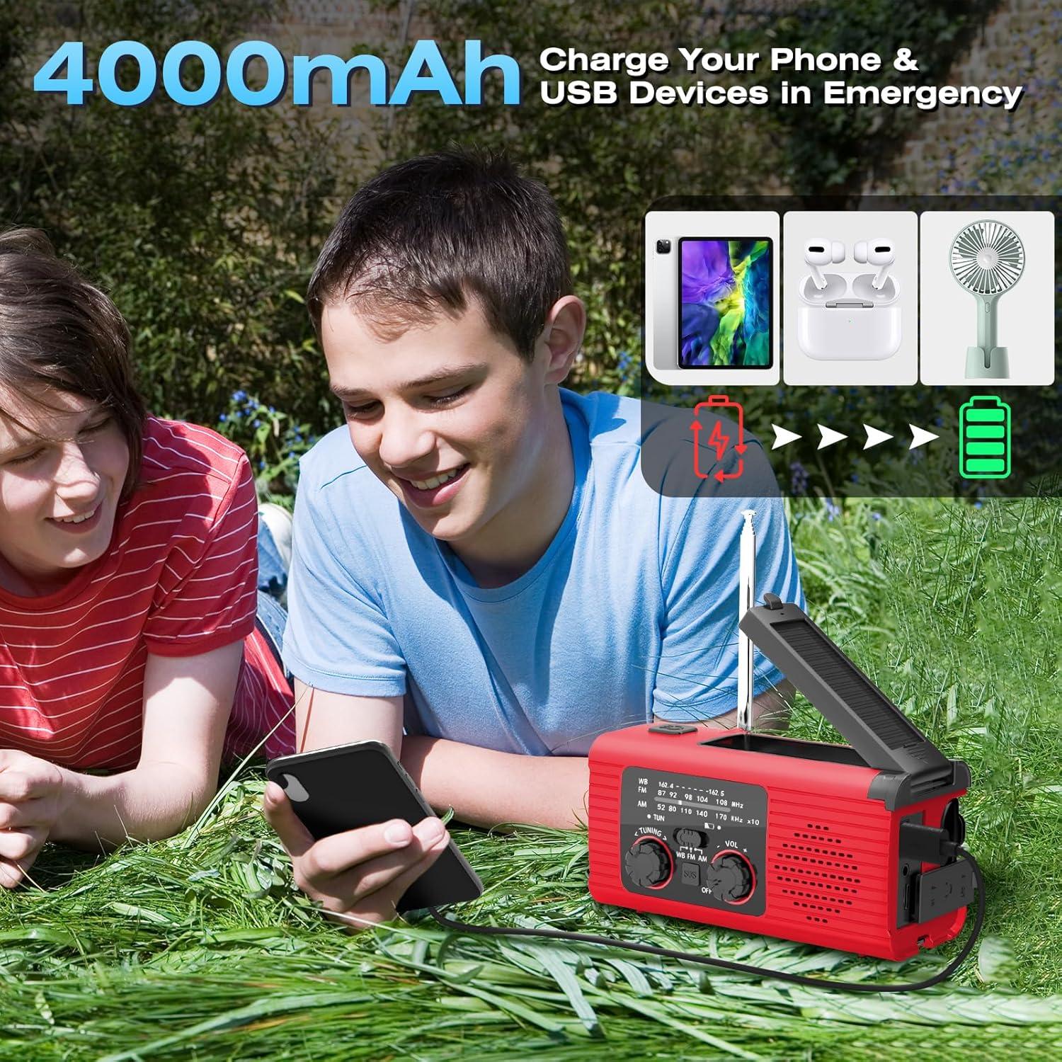 NOAA Emergency Weather Radio, 4000mAh Weather Alert Radio Solar Charging, Hand Crank & USB Charged, AM/FM with LED Flashlight, Reading Lamp, SOS Alarm, Headphone Jack for Outdoor Indoor