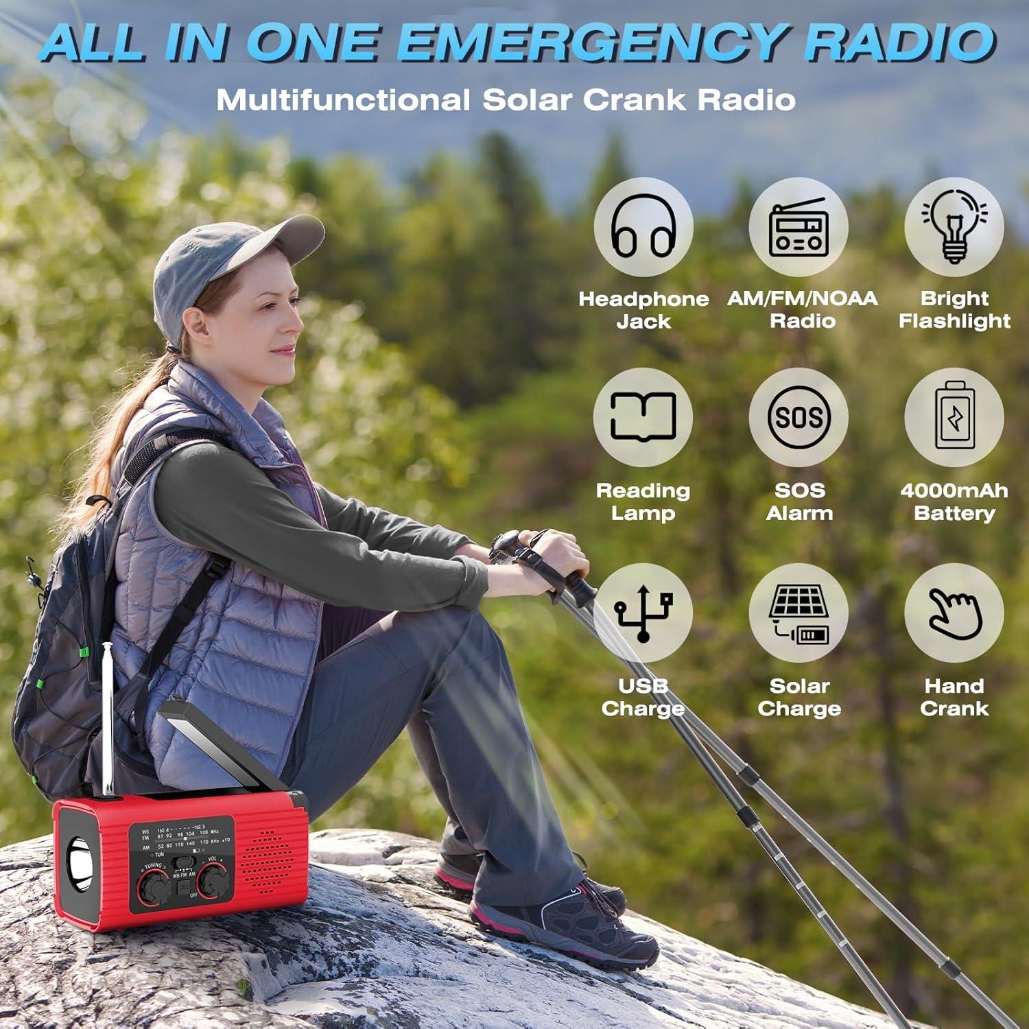 NOAA Emergency Weather Radio, 4000mAh Weather Alert Radio Solar Charging, Hand Crank & USB Charged, AM/FM with LED Flashlight, Reading Lamp, SOS Alarm, Headphone Jack for Outdoor Indoor
