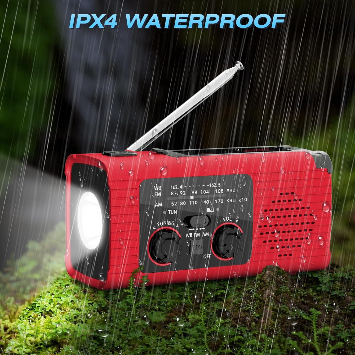 NOAA Emergency Weather Radio, 4000mAh Weather Alert Radio Solar Charging, Hand Crank & USB Charged, AM/FM with LED Flashlight, Reading Lamp, SOS Alarm, Headphone Jack for Outdoor Indoor