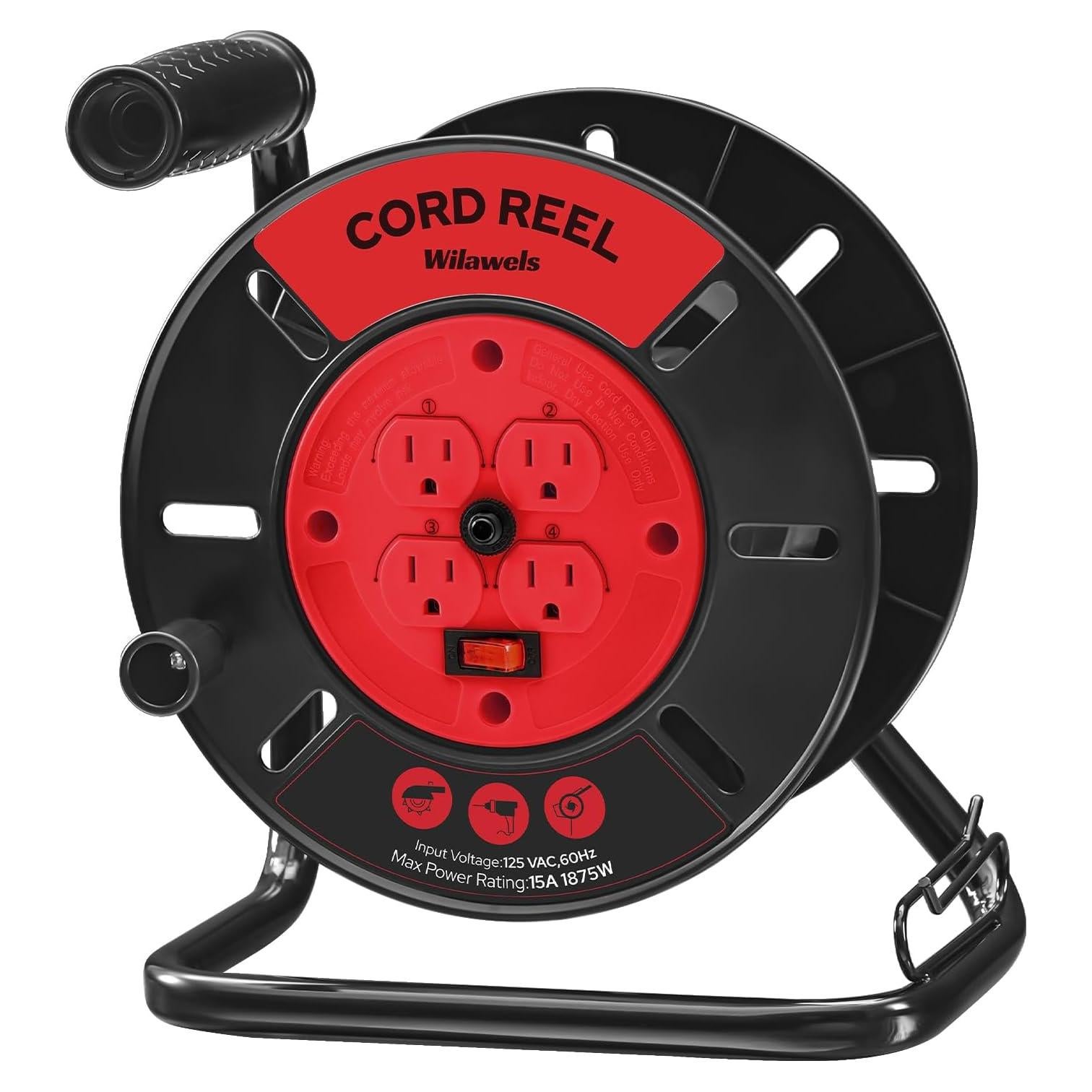 Extension Cord Storage Reel with 4-Grounded Outlets, 15A Circuit Breaker, Heavy Duty Open Cord Reel for 12/3,14/3,16/3 Gauge Power Cord, Hand Wind Retractable, ETL Listed, Red R95CR06