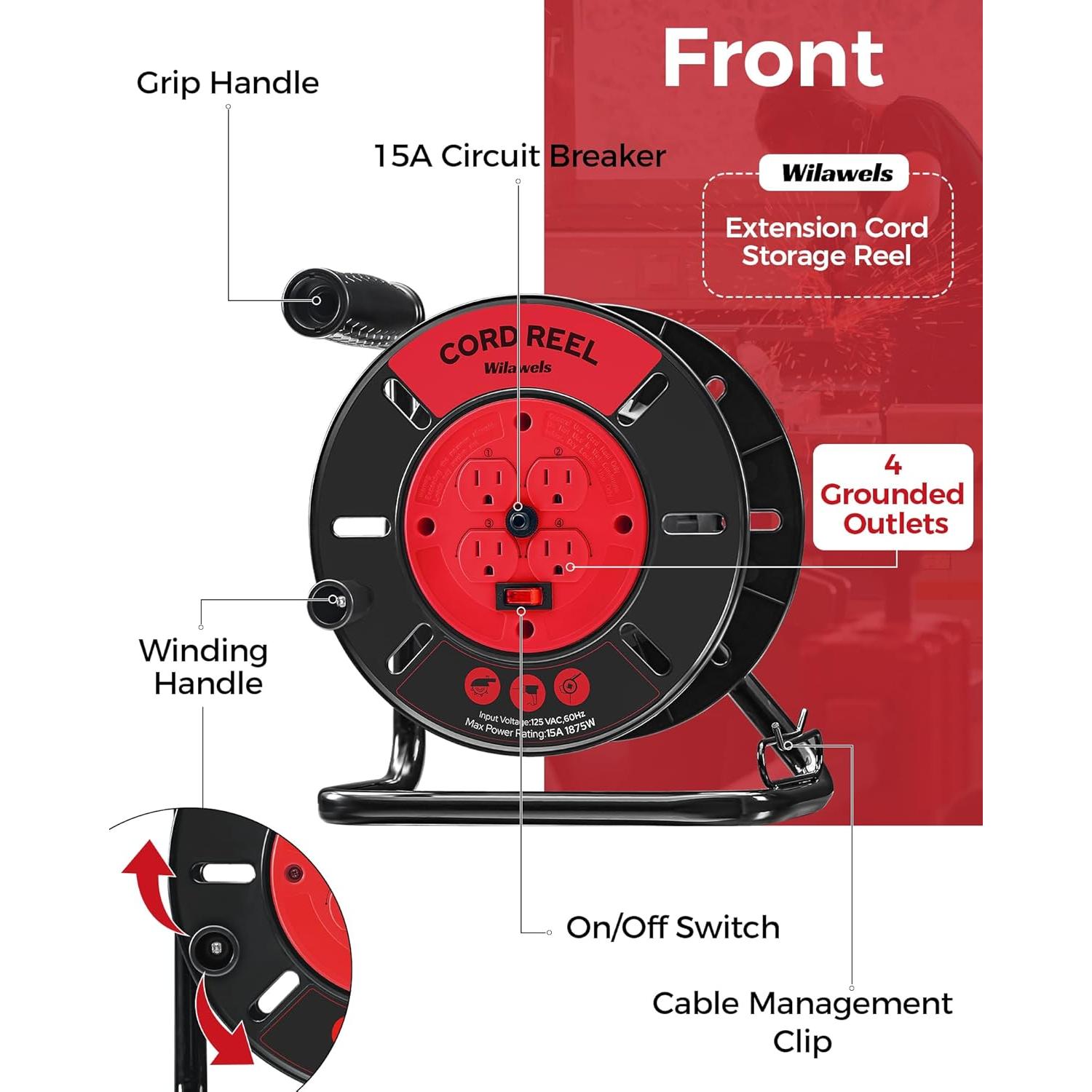 Extension Cord Storage Reel with 4-Grounded Outlets, 15A Circuit Breaker, Heavy Duty Open Cord Reel for 12/3,14/3,16/3 Gauge Power Cord, Hand Wind Retractable, ETL Listed, Red R95CR06