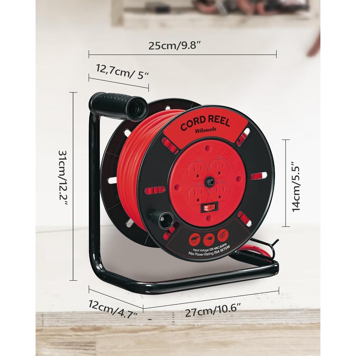 Extension Cord Storage Reel with 4-Grounded Outlets, 15A Circuit Breaker, Heavy Duty Open Cord Reel for 12/3,14/3,16/3 Gauge Power Cord, Hand Wind Retractable, ETL Listed, Red R95CR06