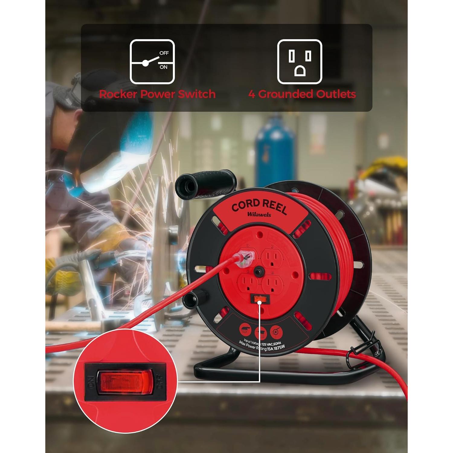 Extension Cord Storage Reel with 4-Grounded Outlets, 15A Circuit Breaker, Heavy Duty Open Cord Reel for 12/3,14/3,16/3 Gauge Power Cord, Hand Wind Retractable, ETL Listed, Red R95CR06