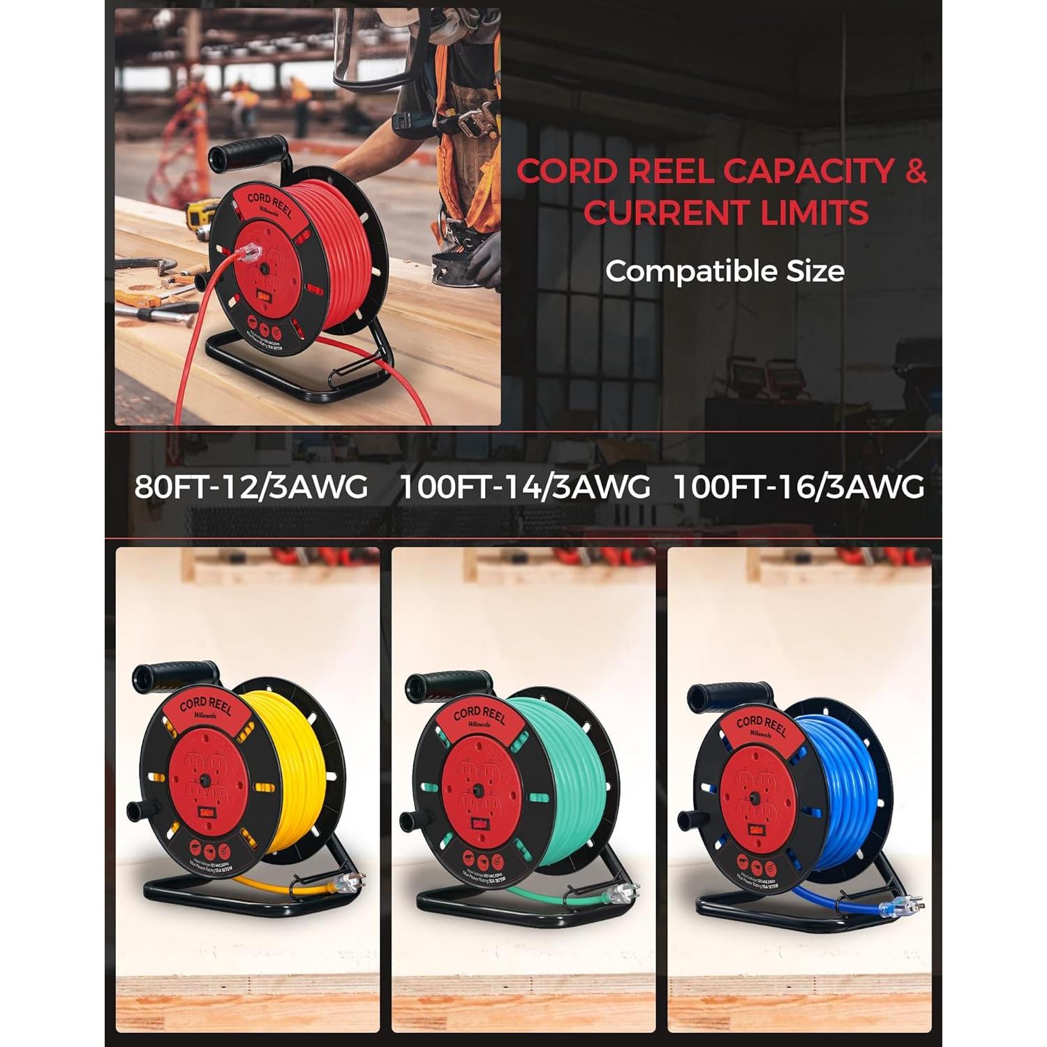 Extension Cord Storage Reel with 4-Grounded Outlets, 15A Circuit Breaker, Heavy Duty Open Cord Reel for 12/3,14/3,16/3 Gauge Power Cord, Hand Wind Retractable, ETL Listed, Red R95CR06