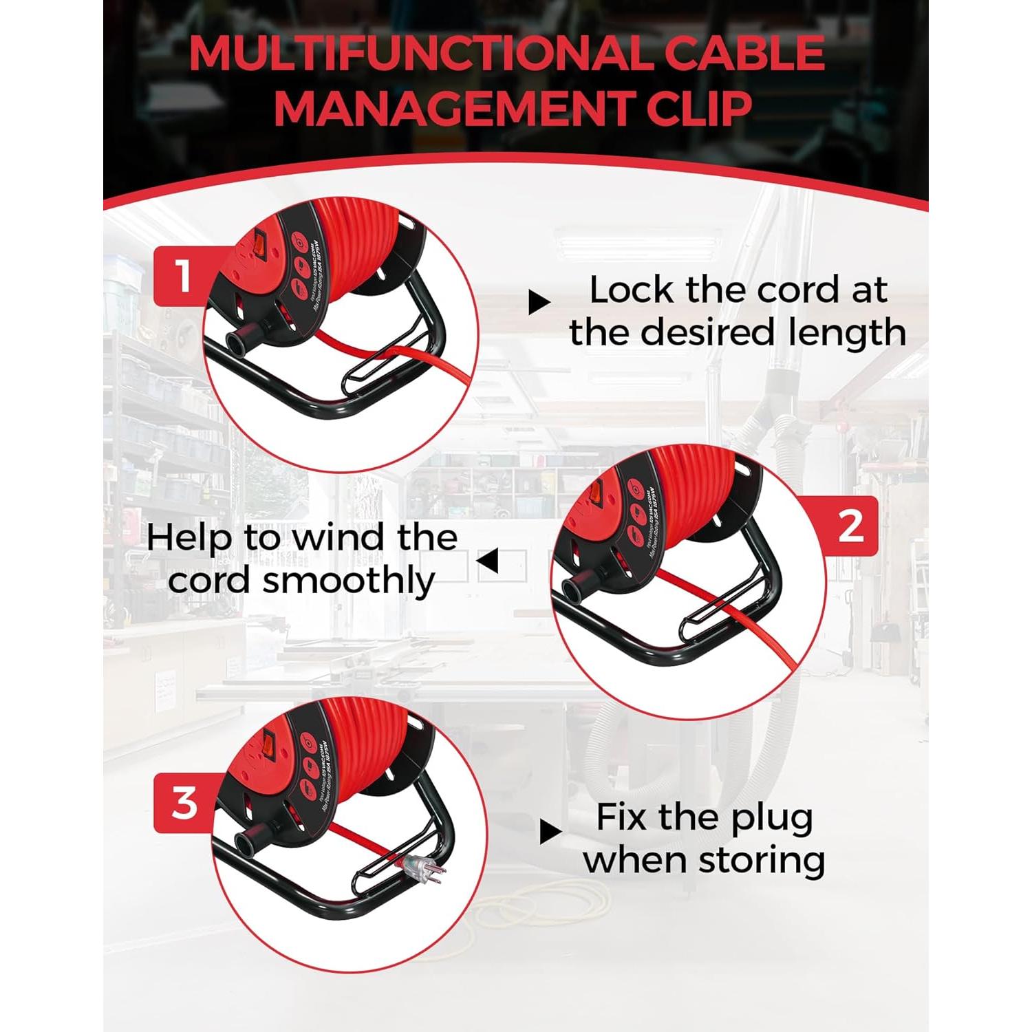 Extension Cord Storage Reel with 4-Grounded Outlets, 15A Circuit Breaker, Heavy Duty Open Cord Reel for 12/3,14/3,16/3 Gauge Power Cord, Hand Wind Retractable, ETL Listed, Red R95CR06