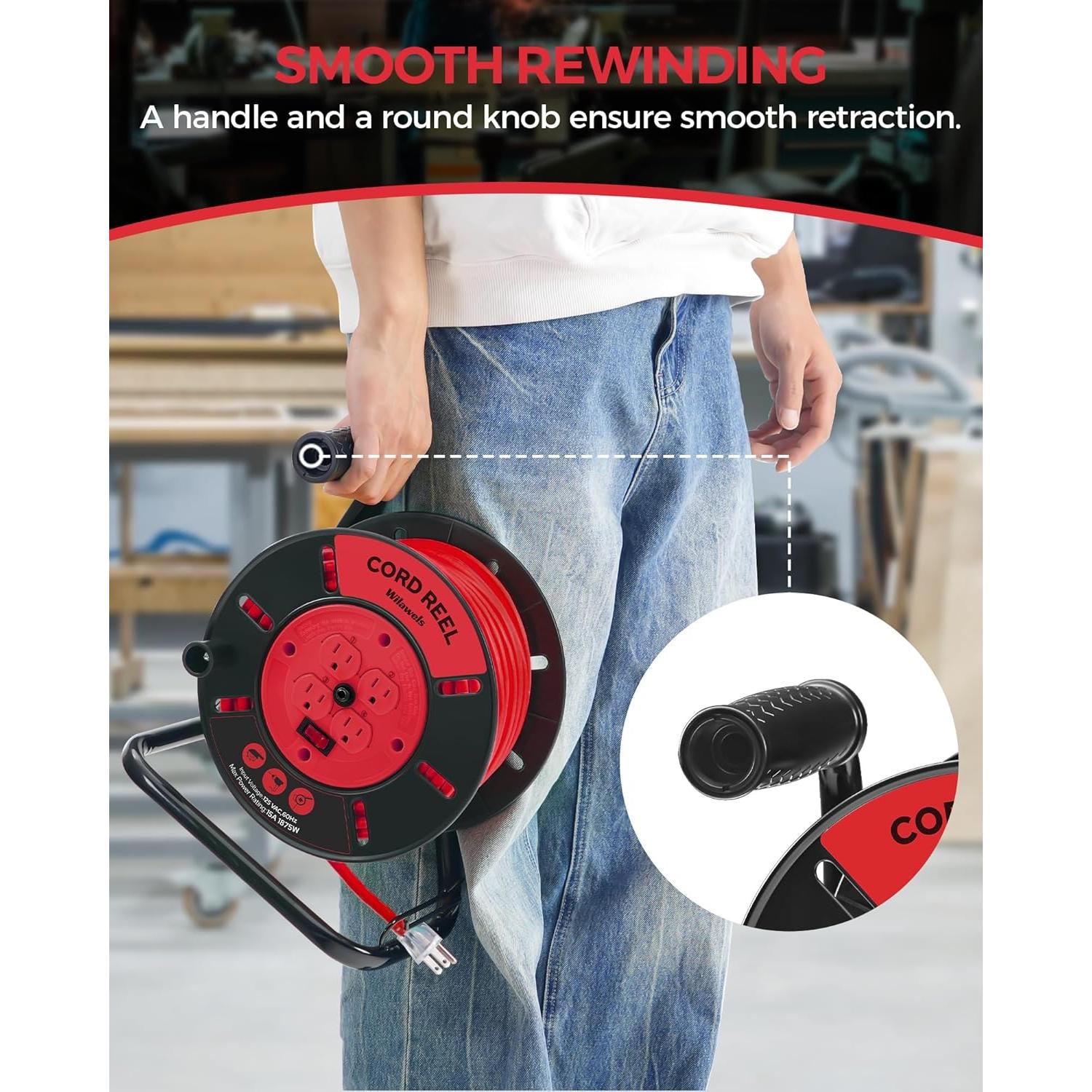 Extension Cord Storage Reel with 4-Grounded Outlets, 15A Circuit Breaker, Heavy Duty Open Cord Reel for 12/3,14/3,16/3 Gauge Power Cord, Hand Wind Retractable, ETL Listed, Red R95CR06