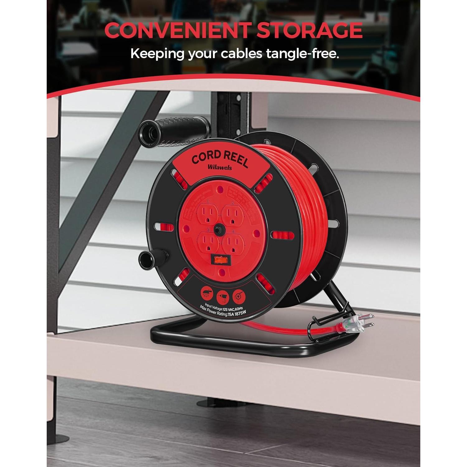 Extension Cord Storage Reel with 4-Grounded Outlets, 15A Circuit Breaker, Heavy Duty Open Cord Reel for 12/3,14/3,16/3 Gauge Power Cord, Hand Wind Retractable, ETL Listed, Red R95CR06