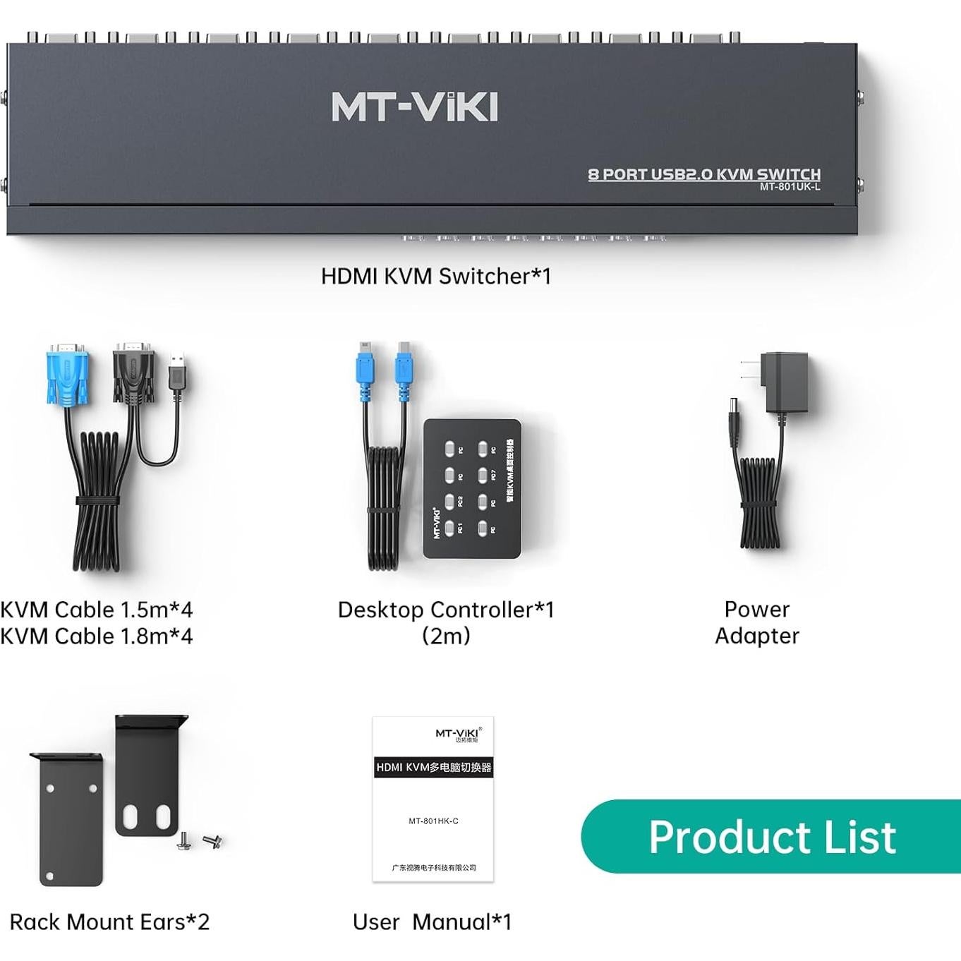 Interruptor KVM 8 Puertos MT-VIKI 801UK-L VGA Rack 1U