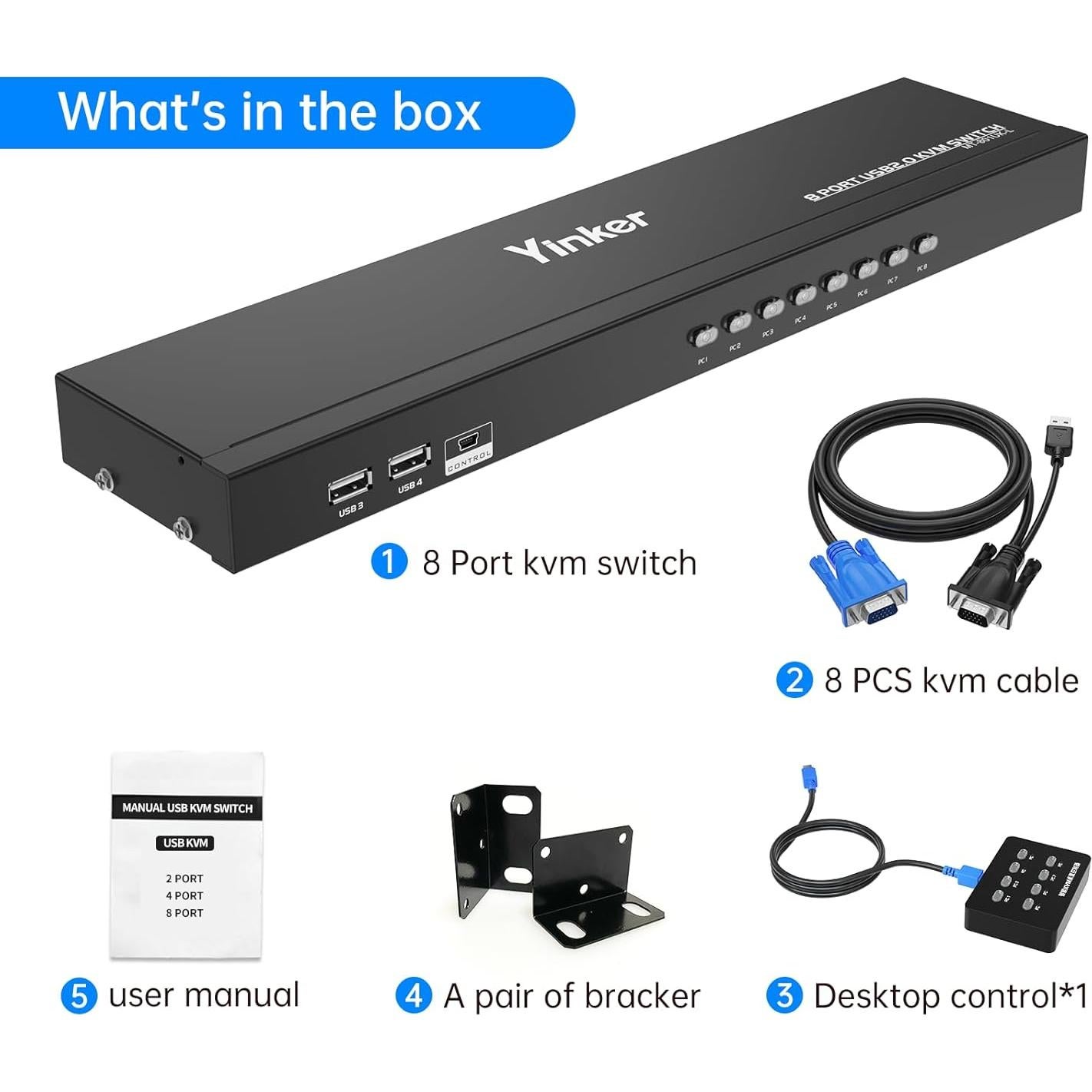 Interruptor KVM Rackmount Yinker 8 Puertos VGA USB 2.0