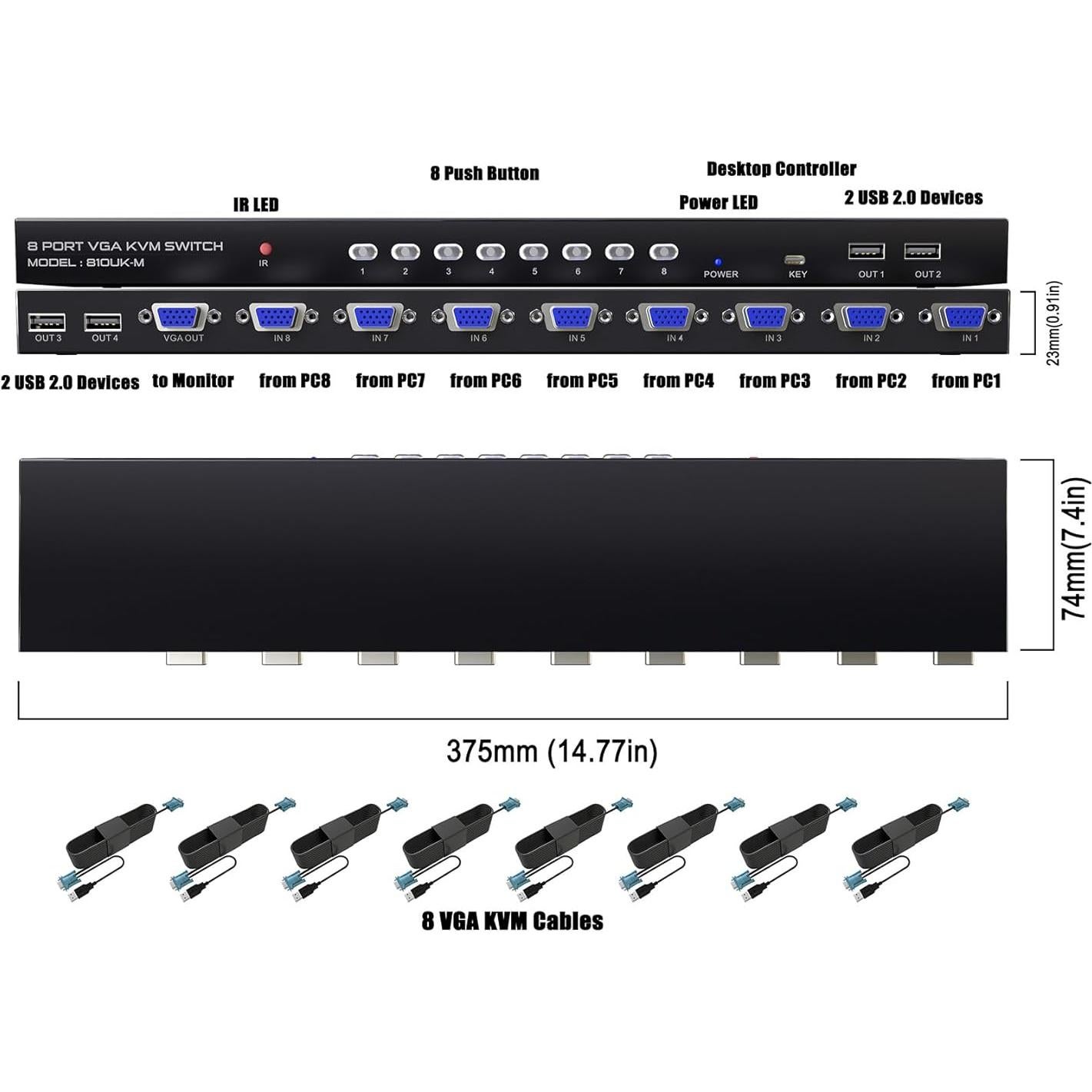 Interruptor KVM VGA 8 Puertos KAGO con Control Remoto USB