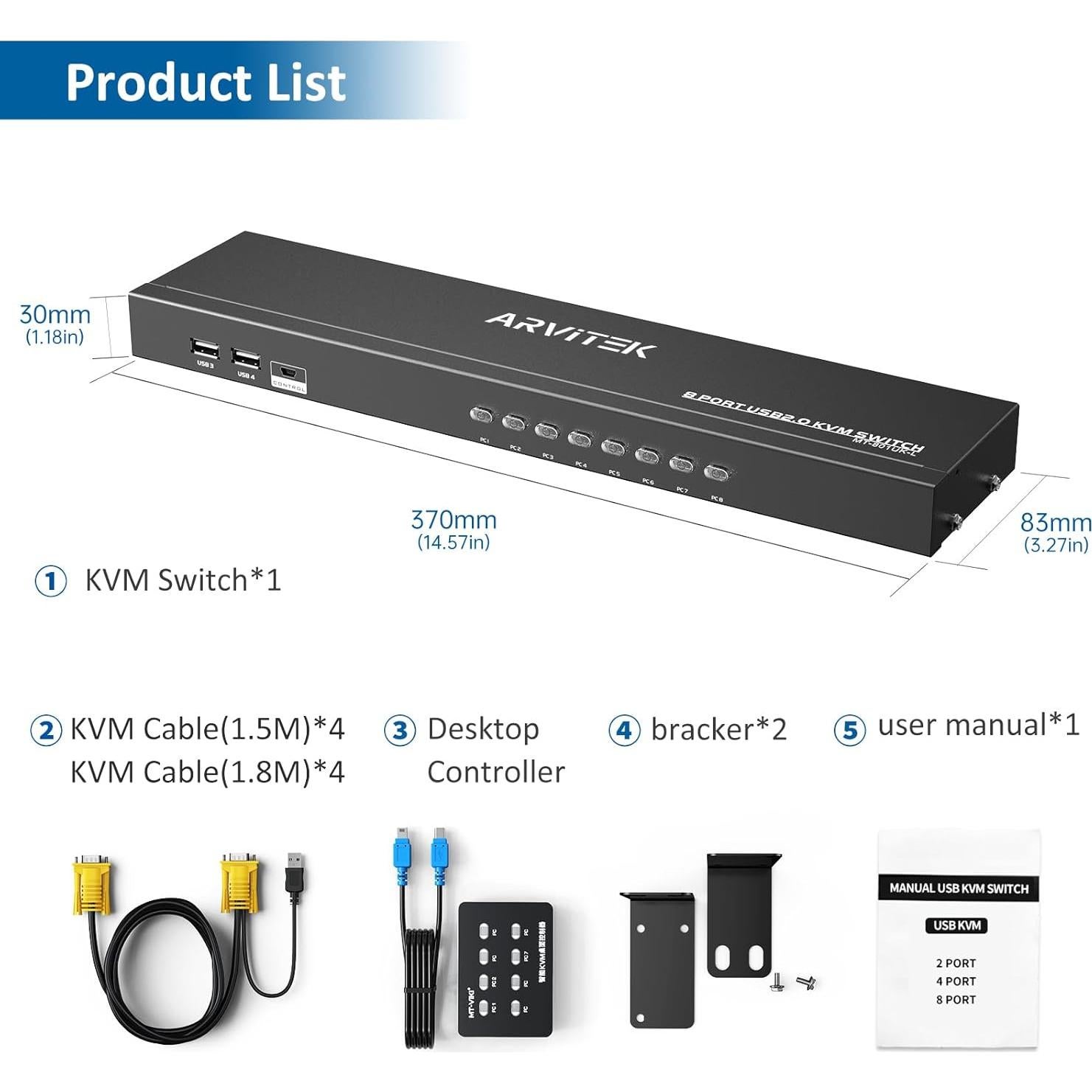 Conmutador KVM VGA 8 Puertos Arvitek AT-801UK-L USB