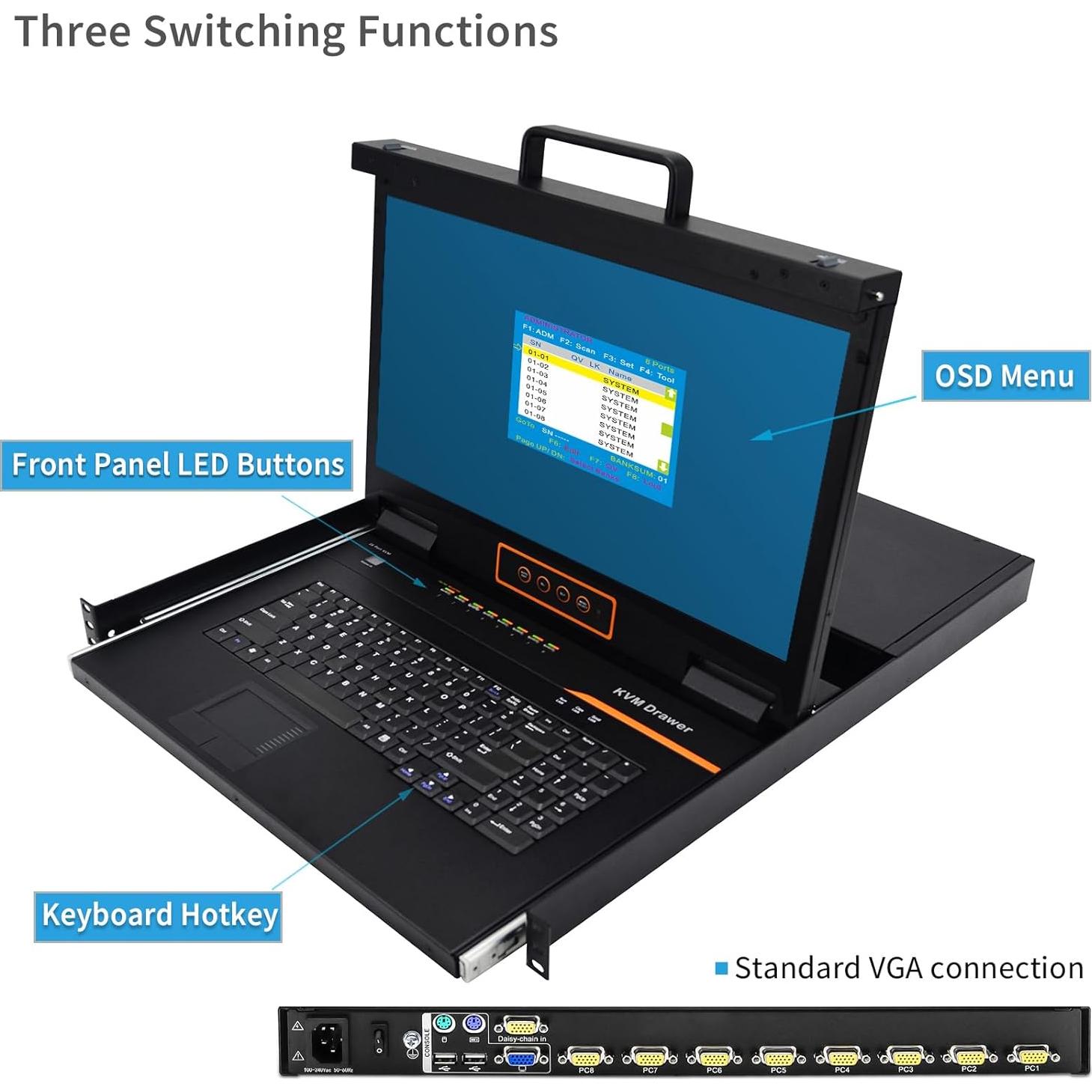 Consola KVM Rack 8 Puertos Kinan 18.5" Full HD 1920x1080