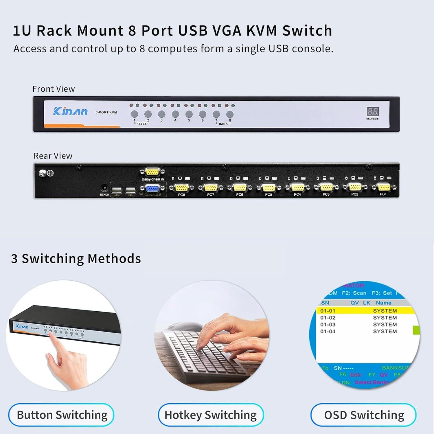 Conmutador KVM USB VGA 8 Puertos Kinan 2048x1536 1U Rack