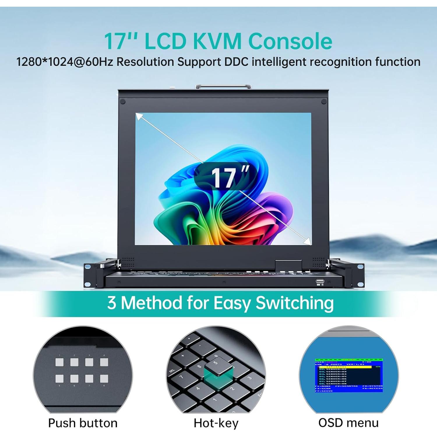 Consola KVM Rack 1U MT-VIKI 8 Puertos VGA 17" LCD