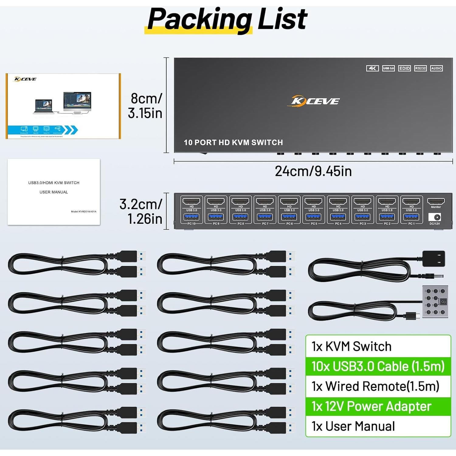 Interruptor KVM HDMI 10 Puertos MLEEDA 4K@60Hz USB 3.0