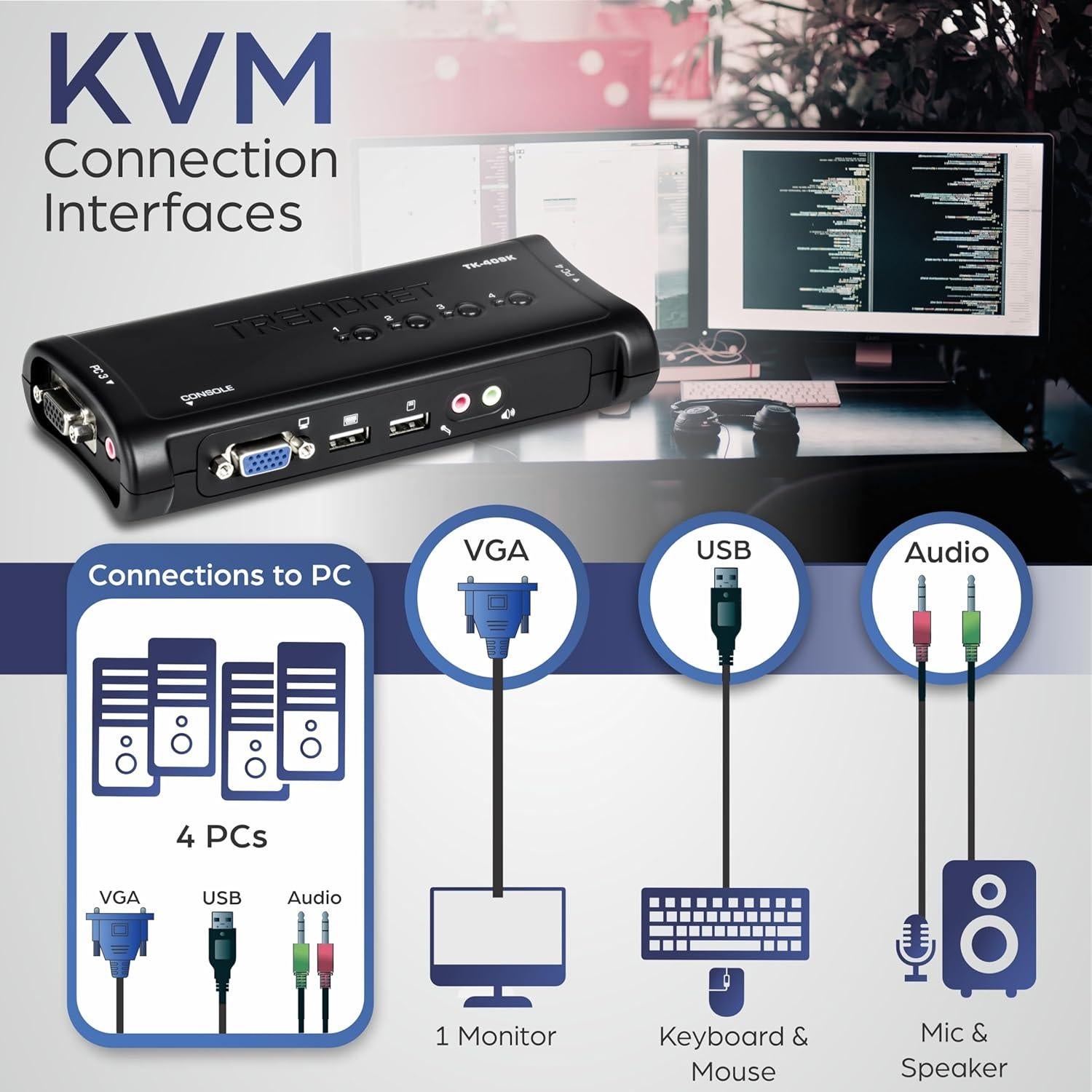 Interruptor KVM USB 4 Puertos TRENDnet TK-409K con Audio