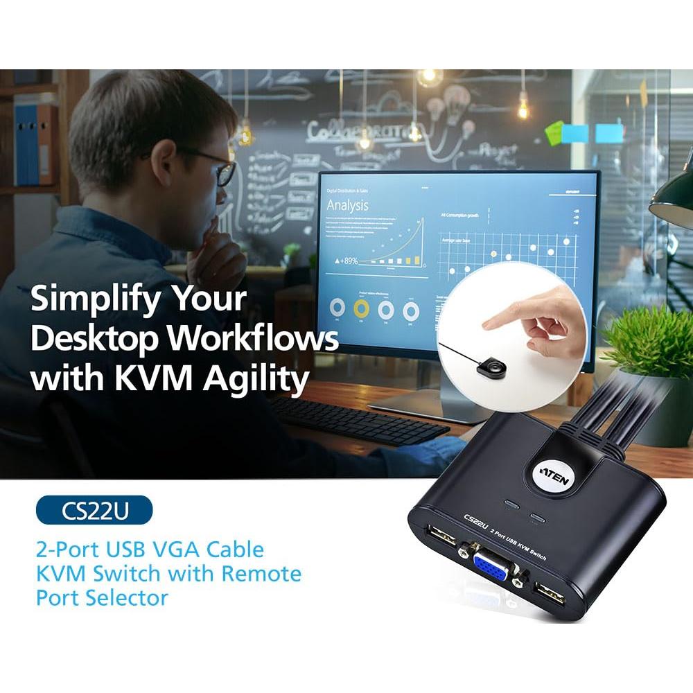 Interruptor KVM ATEN CS22U 2 Puertos USB VGA 15.24x5.08cm
