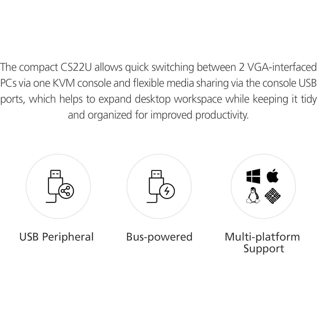Interruptor KVM ATEN CS22U 2 Puertos USB VGA 15.24x5.08cm