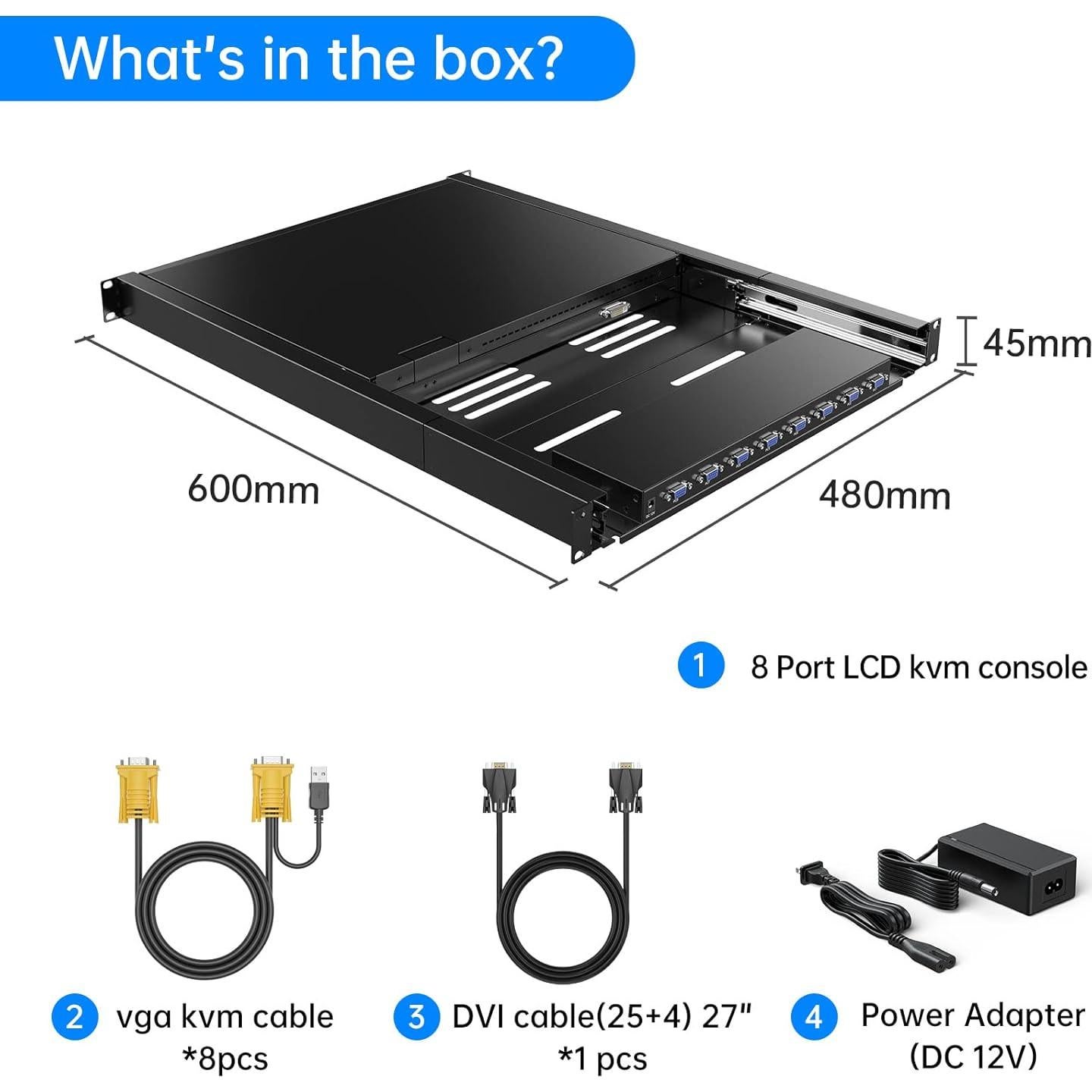Conmutador KVM LCD VGA Yinker 17" 8 Puertos Rack 1U