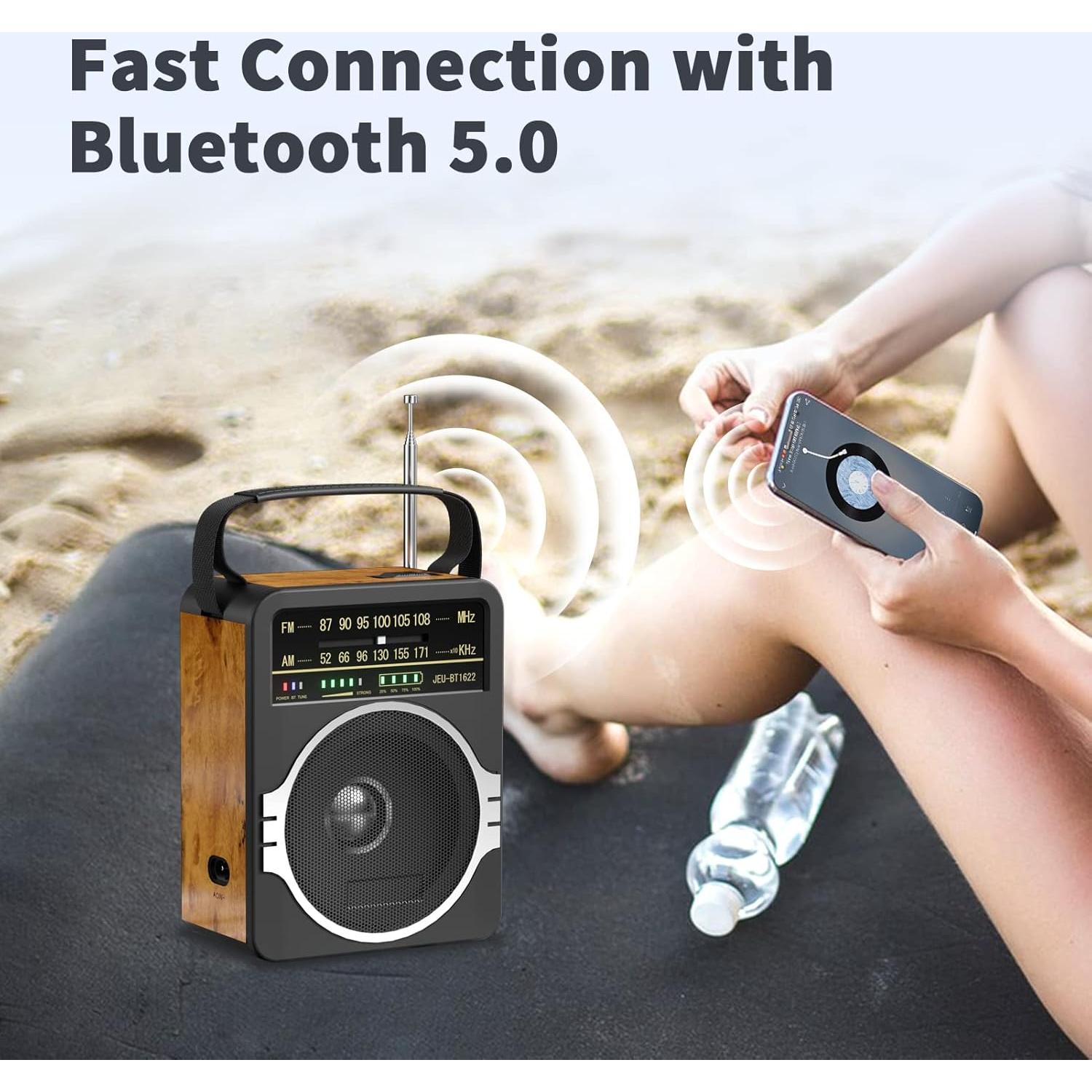 Radio Portátil AM FM Bluetooth 5.0 JEUJUG Recargable 10h