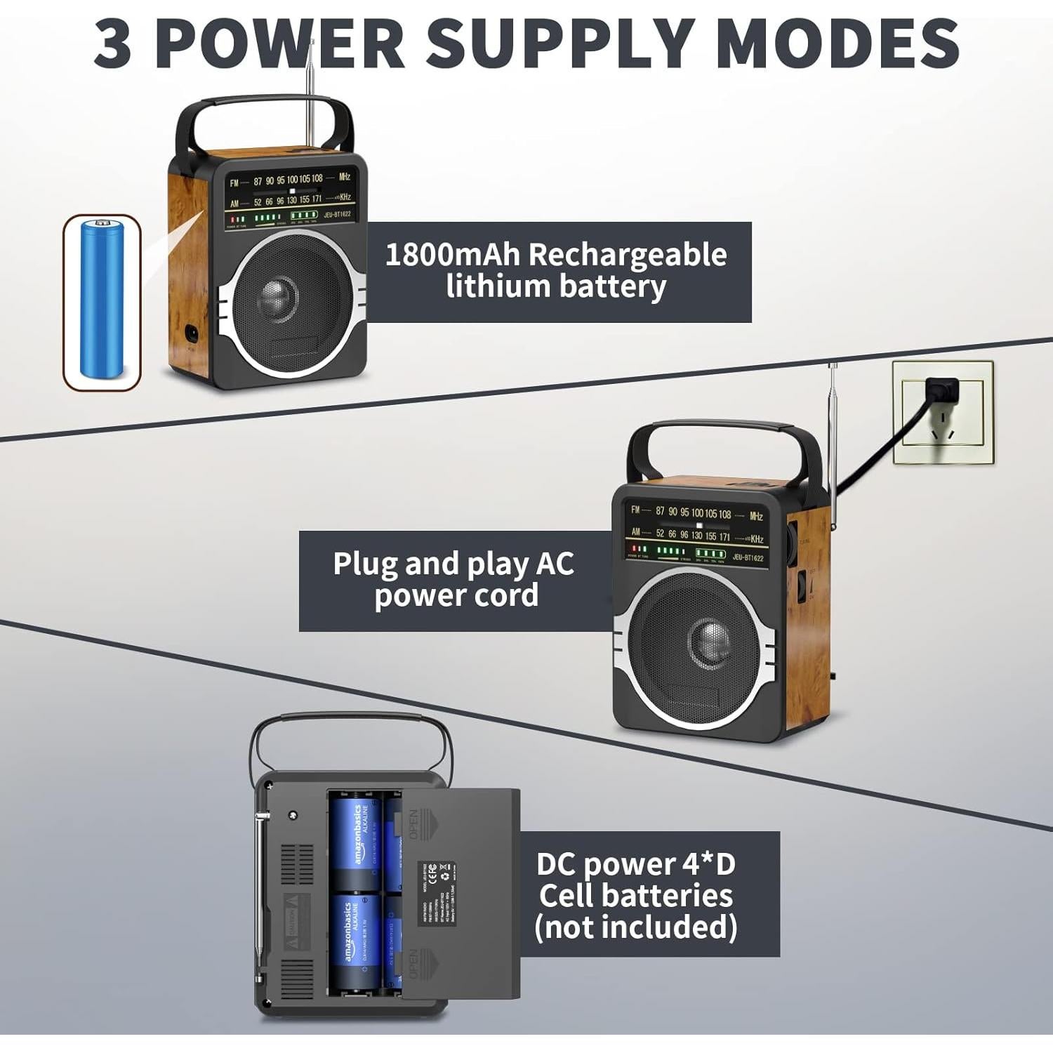 Radio Portátil AM FM Bluetooth 5.0 JEUJUG Recargable 10h